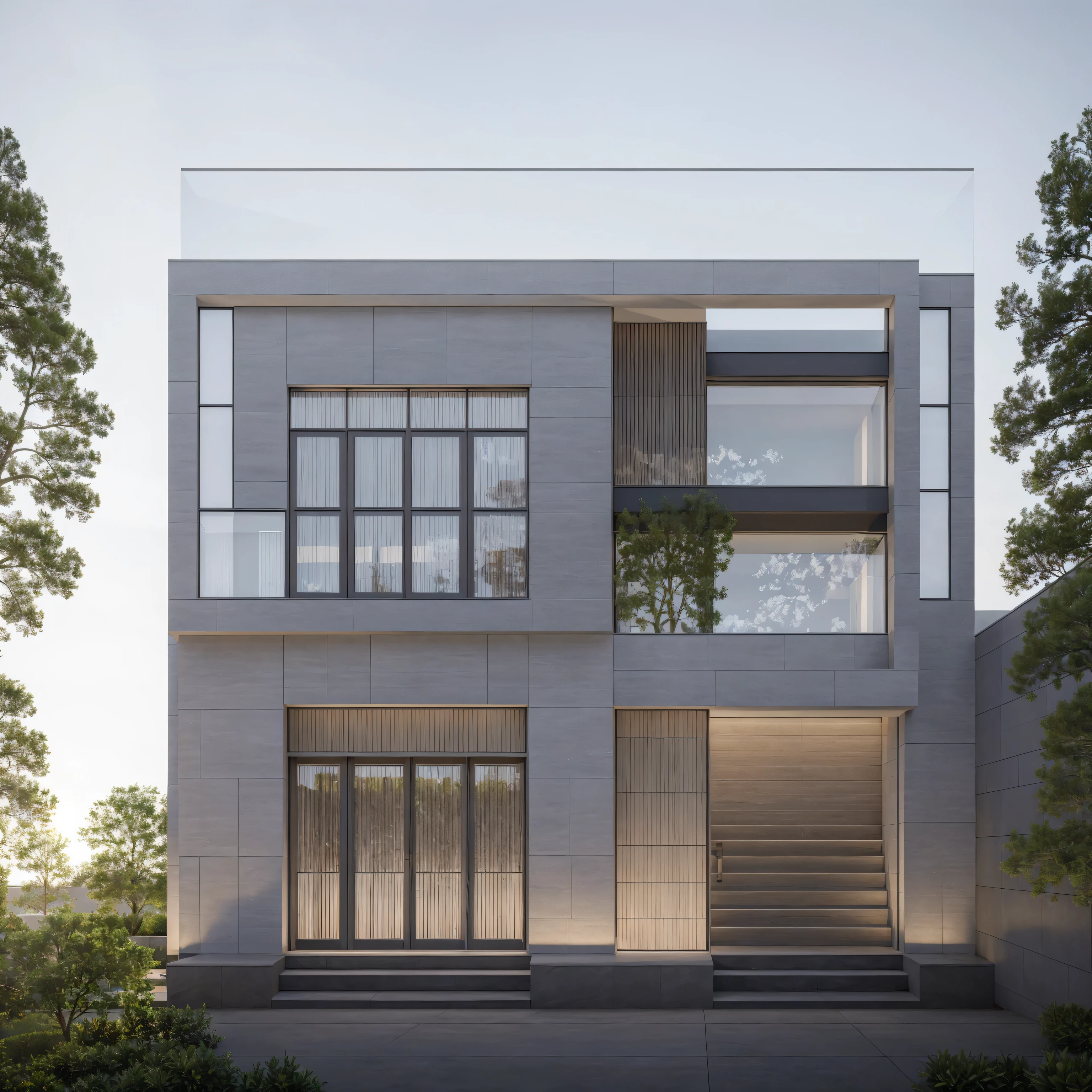 RAW photo, Exterior of two story white modern house, road, ((sidewalk)), ((sidewalk trees)), residences area, day time, tropical trees and plants, (high detailed:1.2), 8k uhd, dslr, soft lighting, high quality, film grain, Fujifilm XT3)
