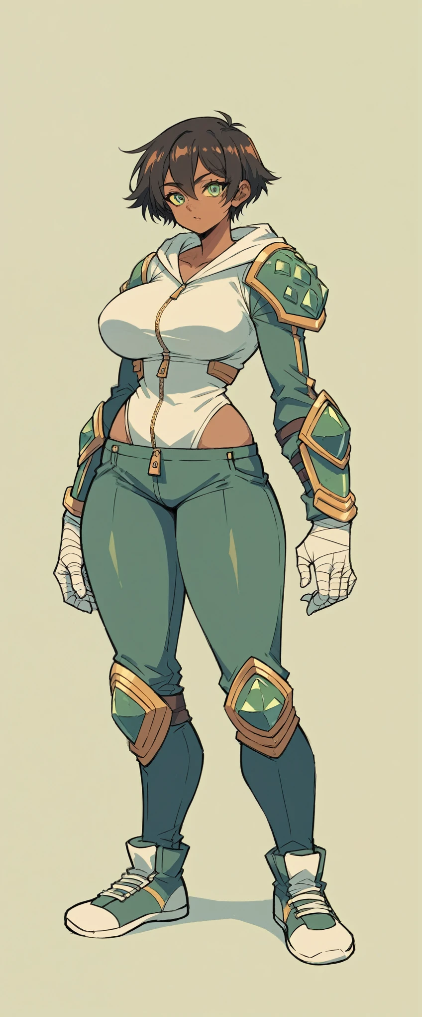 Arceus human female , Brown Skin ,big Breasts , zip hoodie, Black short hair , Green eyes , ((full armor)) , Full body,Shoes ,Bandage , Concept ART ((thicc)) ((good hands 1k))