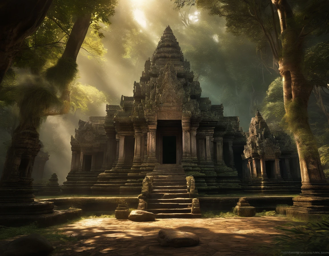 (stable diffusion photo,great detail photo:1.25),epic landscape in Cambodia,gorgeous Angkor Wat temple, magnificent architectural beauty,tall and intricate towers,ancient ruins,natural stone carvings,serene atmosphere,historical wonder,(dark,shadowy,mysterious) jungle backdrop,twisting vines and lush vegetation,thick canopy of trees,hints of sunlight piercing through the foliage,dreamlike,ethereal atmosphere,(falling angel:1.1) gracefully descending from the sky,elegant and mesmerizing,angelic wings extended wide,dressed in flowing robes,divine beauty and grace,(intense gaze:piercing eyes,mesmerizing eyes:1.1) radiating wisdom and ethereal energy,(serene expression,calm demeanor),golden halo shimmering above her head,magical aura surrounding her,(dramatic lighting:1.2) casting deep shadows and highlighting her features,(mysterious atmosphere:1.1) adding an air of mystique and enchantment,(vivid colors:lush greens,mossy browns,rich earth tones),(subtle warm tones:golden hues,soft orange glow),creating a contrast between light and dark,(detailed leaves:1.15) with intricate textures and veins,mosaic patterns etched into the stone walls,reflections of the temple in a nearby tranquil pond,(ancient spirituality:sacred energy,presence of the divine),immerse yourself in the history and grandeur of ancient Cambodia.huge