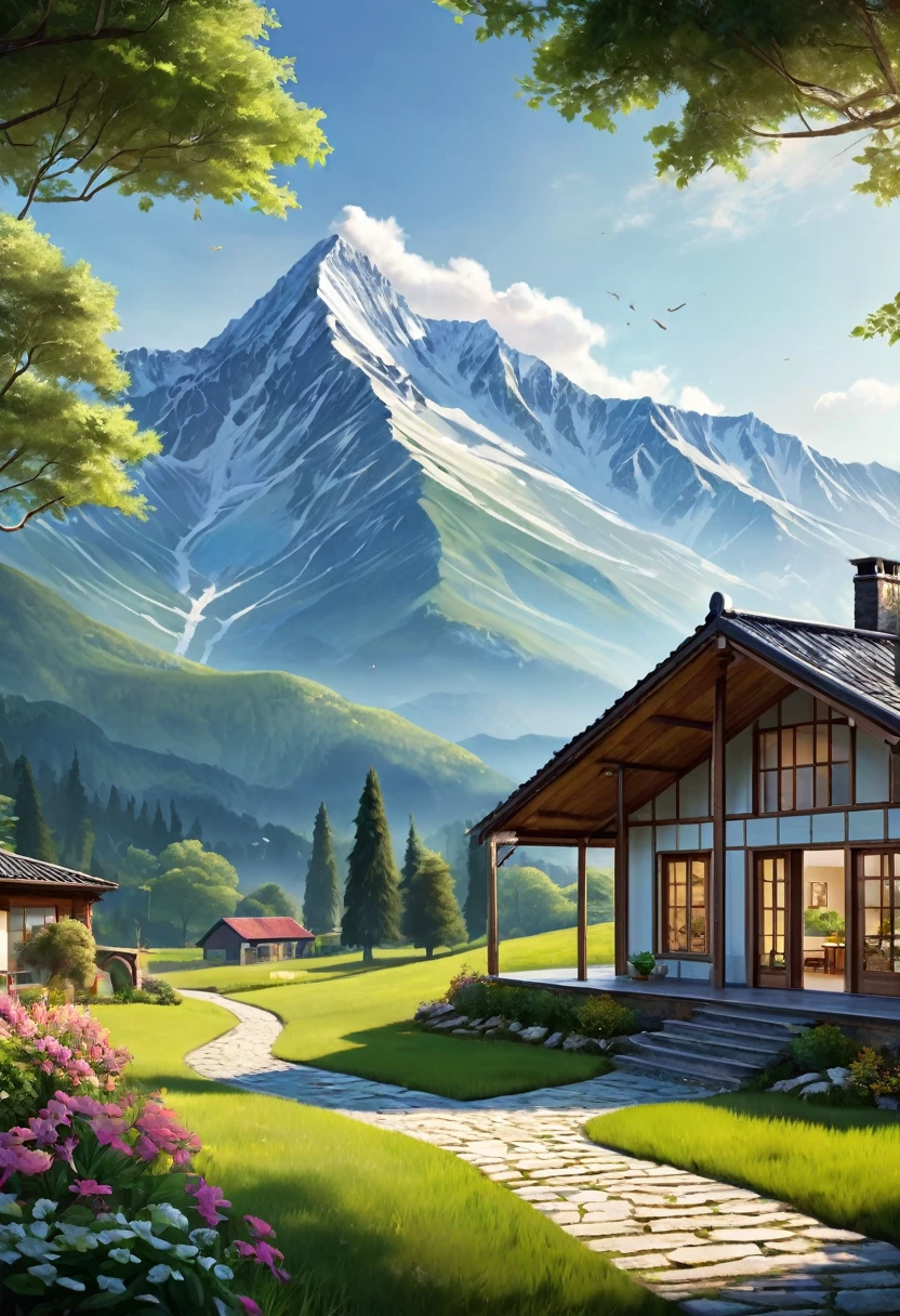 "Visualize an interpretation of a country-style house in front of a mountain range. Integrate realistic colors and sharp angles, to convey a feeling of movement and tension. Play with perspective and layering, to create a multidimensional composition, which questions traditional notions of space and form. Be inspired and see nature in a fresh and innovative light.. Unleash your creativity, as you bring this imaginative scene to life on the screen.