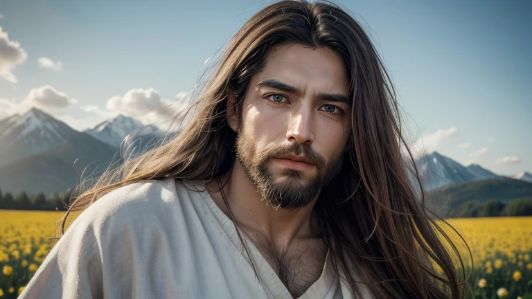 "create a high-definition image of Jesus Christ. The image should portray you in a serene and welcoming way, with an expression of love and compassion on his face. He should be dressed in a simple tunic, traditionally white or soft colors, and have a background that refers to nature, such as mountains, a flowery field or a blue sky with clouds. The light should be soft and radiant, emanating an aura of peace and divinity around Jesus. Details like long, wavy hair, Well-groomed beard and expressive eyes are important to capture the essence of your figure. The image should convey a feeling of hope and tranquility."