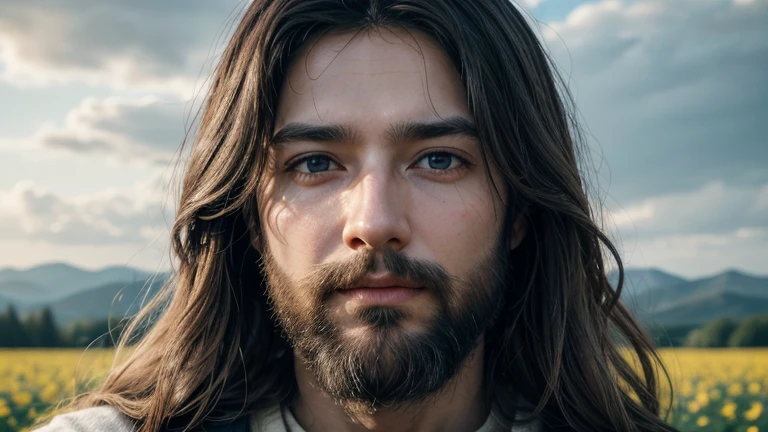 "create a high-definition image of Jesus Christ. The image should portray you in a serene and welcoming way, with an expression of love and compassion on his face. He should be dressed in a simple tunic, traditionally white or soft colors, and have a background that refers to nature, such as mountains, a flowery field or a blue sky with clouds. The light should be soft and radiant, emanating an aura of peace and divinity around Jesus. Details like long, wavy hair, Well-groomed beard and expressive eyes are important to capture the essence of your figure. The image should convey a feeling of hope and tranquility."