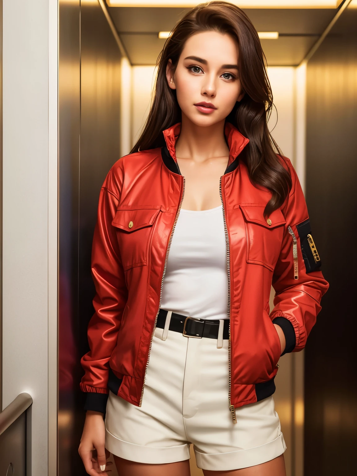 Australian sexy girl, (28 years old), in the hotel, elevator, shorts, jacket, attractive expression, (front view), (face and eyes details), (masterpiece, best quality, highly detailed)