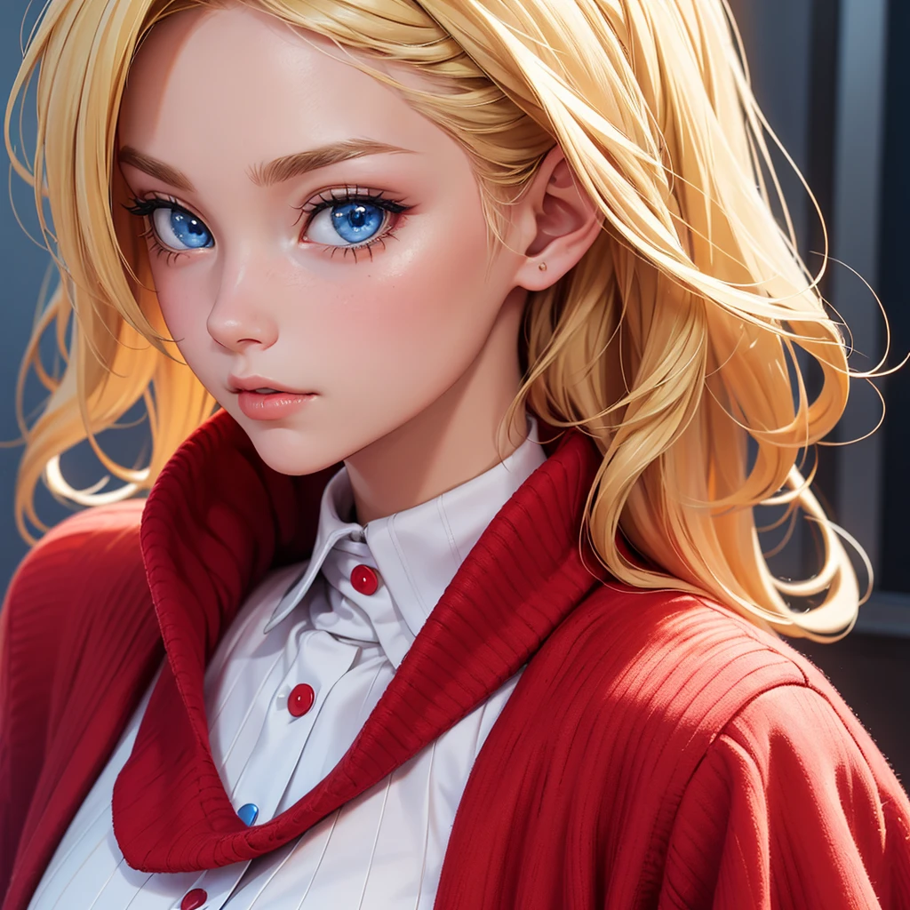 Close-up, blonde-haired woman with blue eyes, dressed with a red sweater