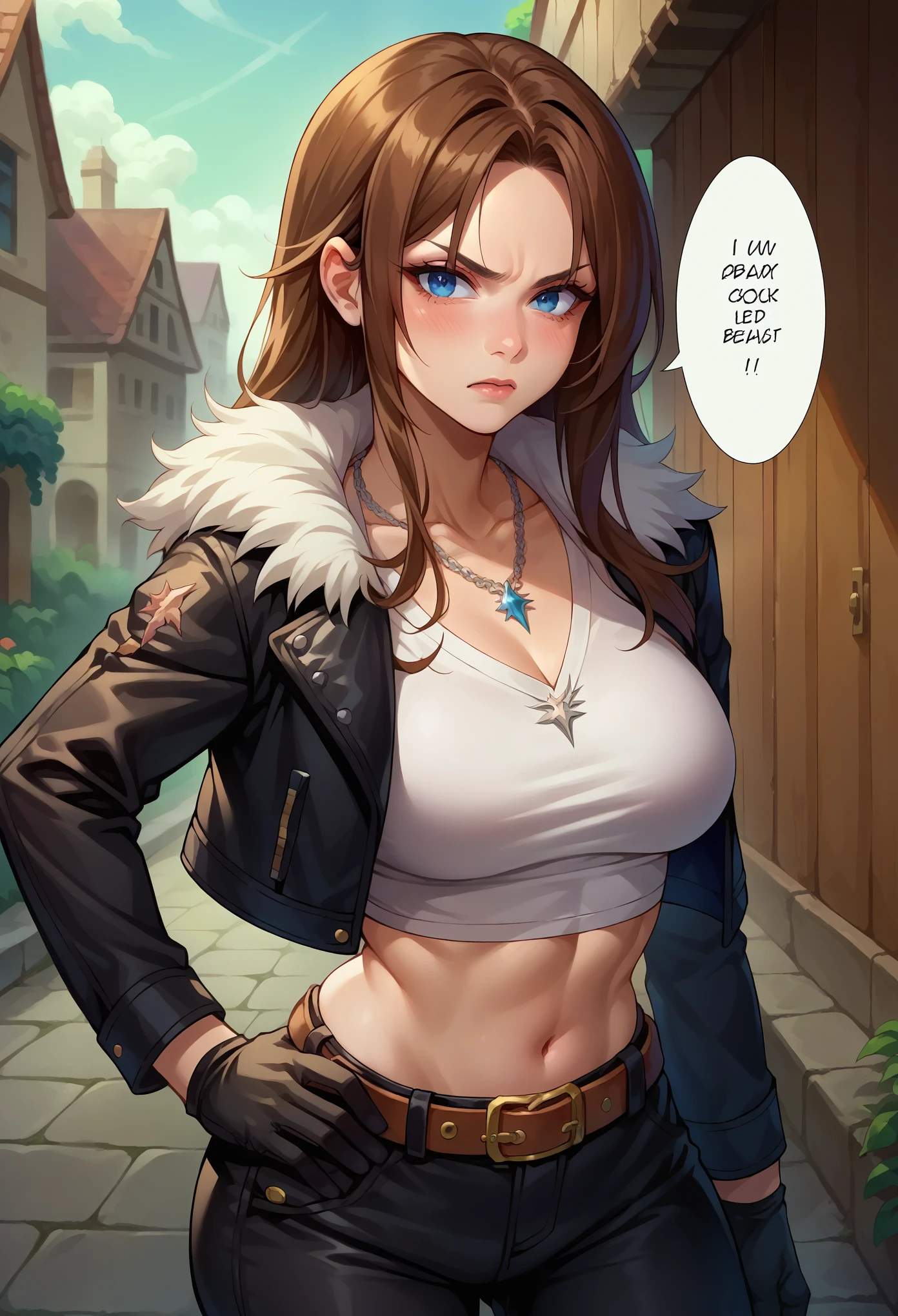 score_9, score_8_up, score_7_up, 1girl, solo, (female:1.5),female focus, female body, squall, necklace, brown hair, long hair, gloves, white crop top, blue eyes, shirt, black gloves, jacket, black jacket, fur trim jacket, black pants, belt,breasts, scar, diagonal scar, scar on face, parted bangs, hand on hip, angry, blushing, looking at you, speech bubbles, standing, facilities