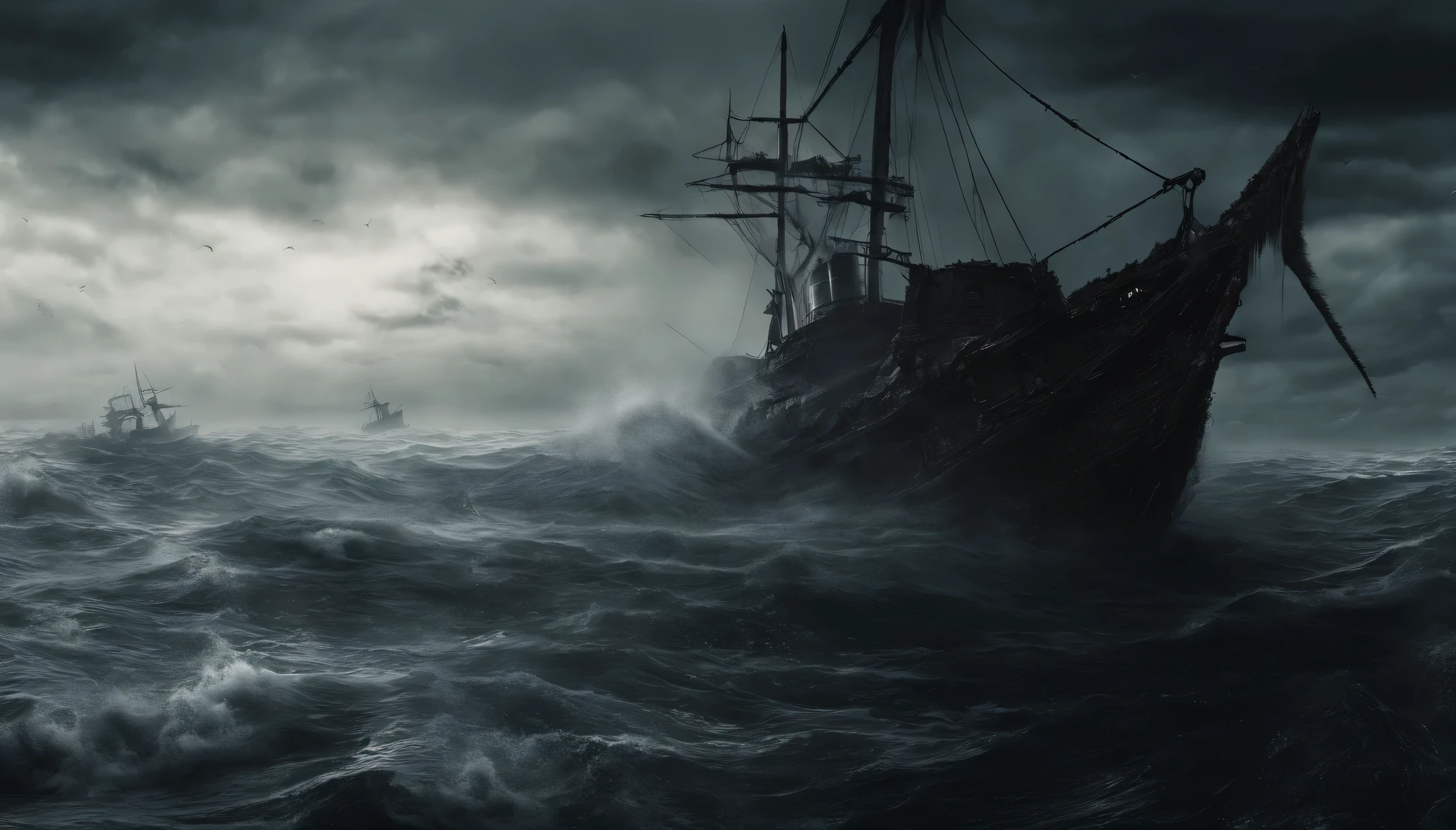 (best quality,4k,8k,highres,masterpiece:1.2),ultra-detailed,(realistic,photorealistic,photo-realistic:1.37),horror,sea monster,kraken,terrifying,unleashing fury,ship chaos,dynamic waves,foggy atmosphere,destruction,desperate crew,impending doom,dramatic lighting,intense action,ominous tentacles,dark water,massive creature,stormy sky,blurred horizon,ailing vessel,splintered wood,menacing presence,menacing eyes,huge size,shipwrecked,violence,panic,overwhelming power,devastation