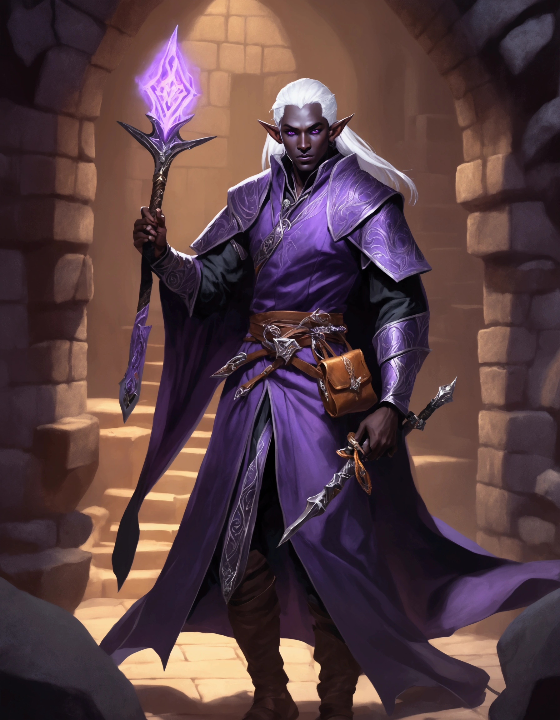 (Drow Elf Male)(Night black skin, evil wizards robes with intricate embroidery, adventuring sacks and pouches, violet eyes, silver hair, magical bag on hip, one handed crossbow, sword in scabbard) look of contempt on his face, posing in a dungeon, viewer is not a worthy foe