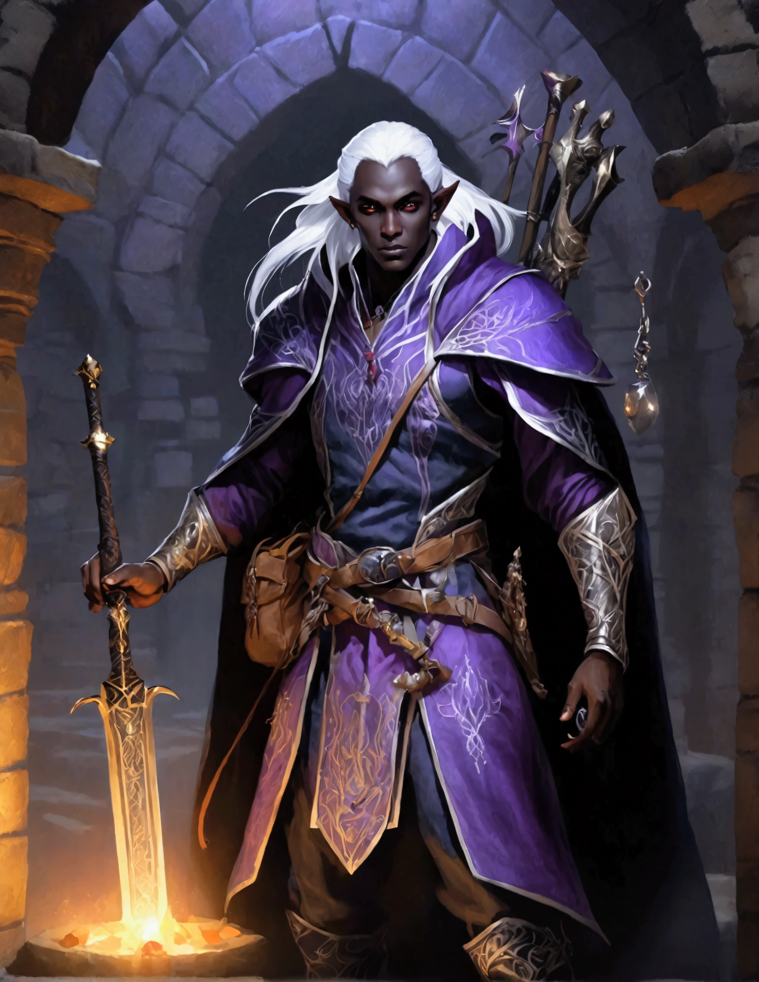 (Drow Elf Male)(Night black skin, evil wizards robes with intricate embroidery, adventuring sacks and pouches, violet eyes, silver hair, magical bag on hip, one handed crossbow, sword in scabbard) look of contempt on his face, posing in a dungeon, viewer is not a worthy foe