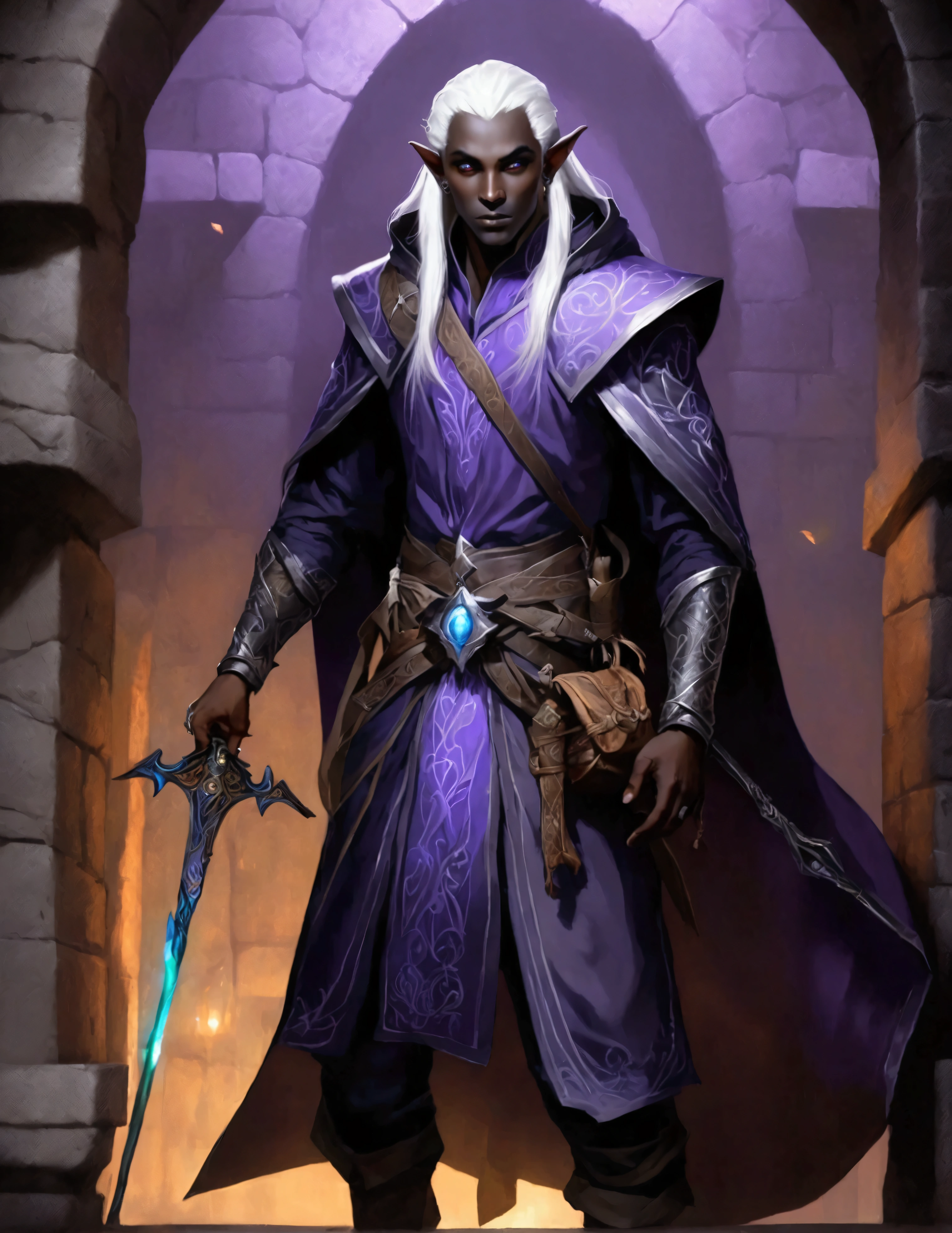 (Drow Elf Male)(Night black skin, evil wizards robes with intricate embroidery, adventuring sacks and pouches, violet eyes, silver hair, magical bag on hip, one handed crossbow, sword in scabbard) look of contempt on his face, posing in a dungeon, viewer is not a worthy foe
