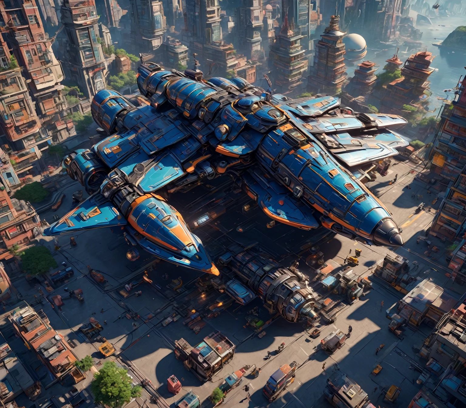 Masterpiece, best quality, (highly detailed CG unity 8k wallpaper), (best quality), (best illustration), (best shadows), isometric 3D , octane rendering, ray tracing, highly detailed, Low Angle Shot to spaceship
