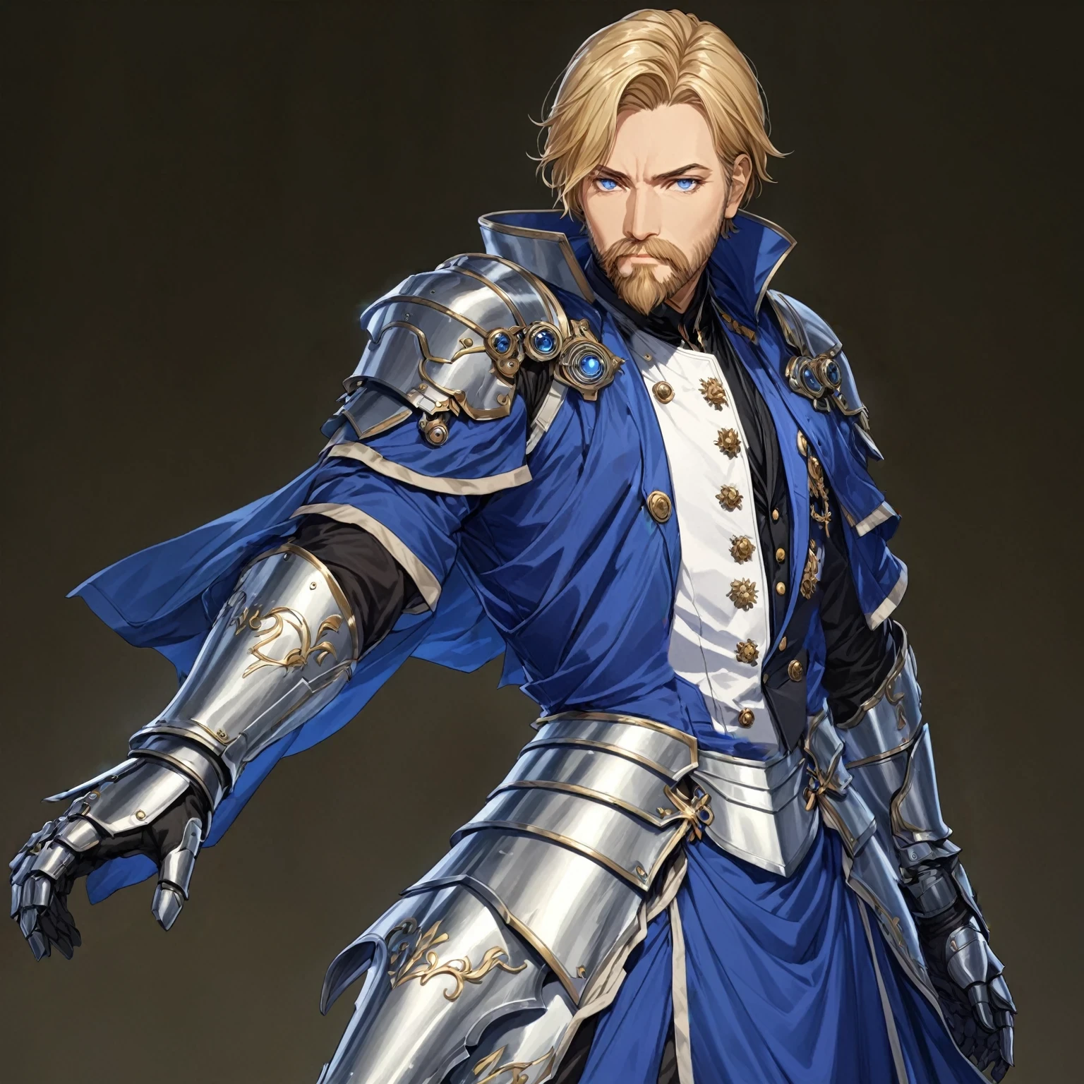masterpiece, best quality, good quality, Highly detailed, shadowverse style, male, adult, facial hair, age 40s, blue eyes, blonde hair, short hair, modern aesthetic, overcoat, adult, bang one side hair, noble outfit, formal attire