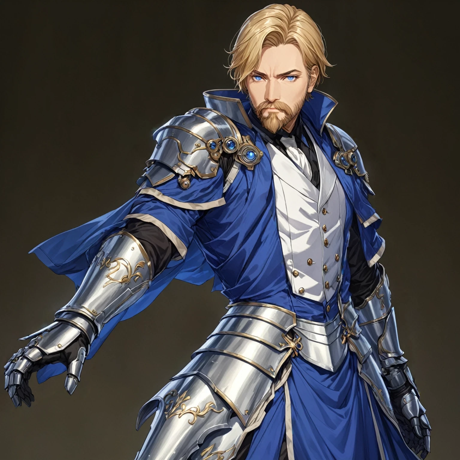 masterpiece, best quality, good quality, Highly detailed, shadowverse style, male, adult, facial hair, age 40s, blue eyes, blonde hair, short hair, modern aesthetic, overcoat, adult, bang one side hair, noble outfit, formal attire