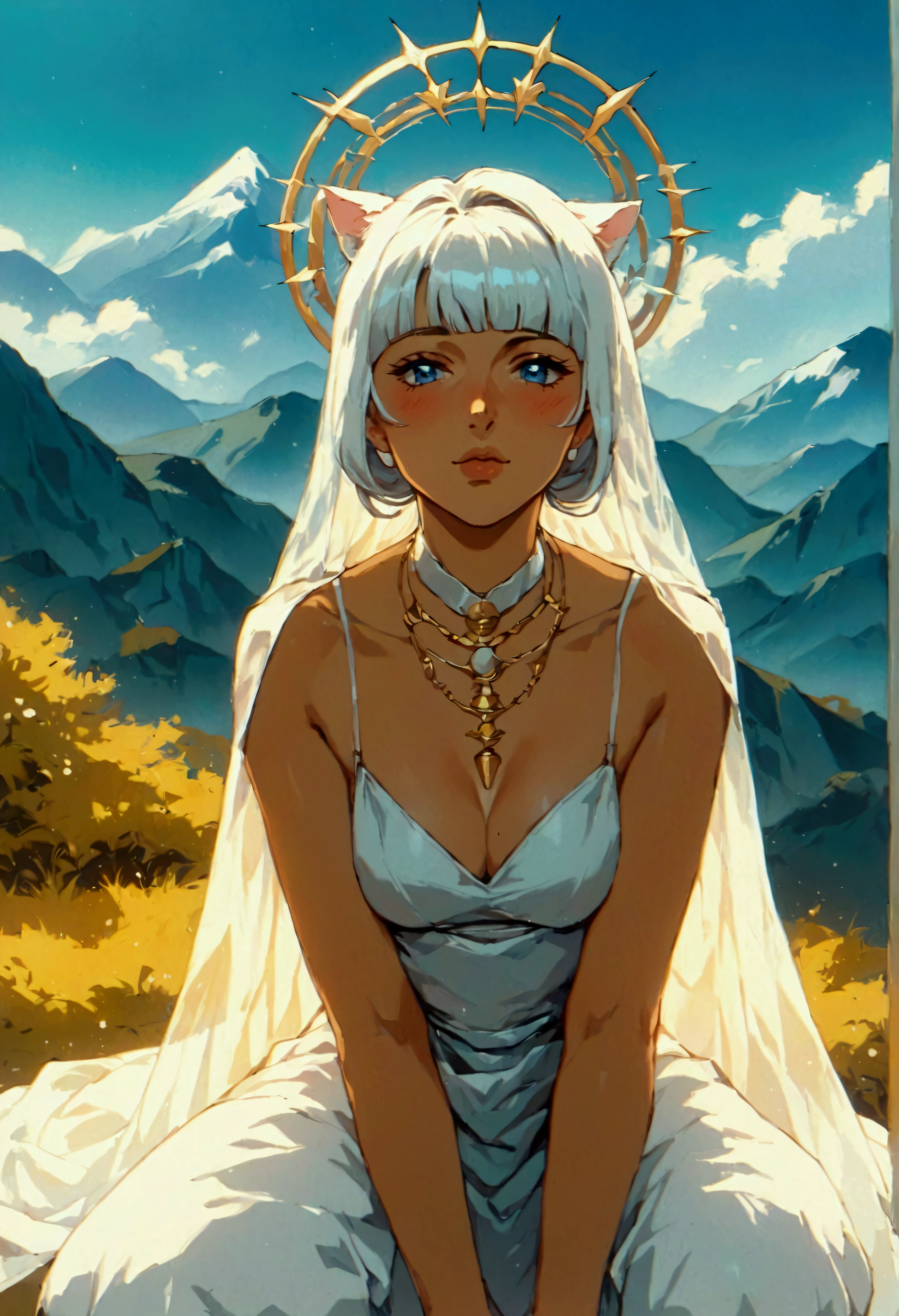 (score_9, score_8_up, score_7_up), zPDXL, 1 girl, alone, looking at viewer, crouching, hands on knees, white cat, mountain background, white hair, blue eyes, full body, long hair, white dress, bright white hair, white halo of light, halo, metallic pendant, blushing cheeks, white cat, mountain with a bit of snow, beautiful girl crouching with a halo of light, retro style, white cape, blunt bangs, white aura,