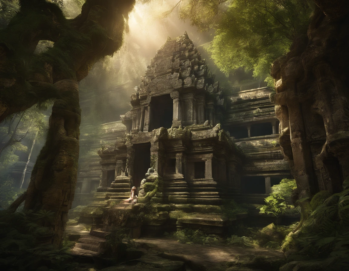 (stable diffusion photo,great detail photo:1.25),epic landscape in Cambodia,gorgeous Angkor Wat temple, magnificent architectural beauty,tall and intricate towers,ancient ruins,natural stone carvings,serene atmosphere,historical wonder,(dark,shadowy,mysterious) jungle backdrop,twisting vines and lush vegetation,thick canopy of trees,hints of sunlight piercing through the foliage,dreamlike,ethereal atmosphere,(falling angel:1.1) gracefully descending from the sky,elegant and mesmerizing,angelic wings extended wide,dressed in flowing robes,divine beauty and grace,(intense gaze:piercing eyes,mesmerizing eyes:1.1) radiating wisdom and ethereal energy,(serene expression,calm demeanor),golden halo shimmering above her head,magical aura surrounding her,(dramatic lighting:1.2) casting deep shadows and highlighting her features,(mysterious atmosphere:1.1) adding an air of mystique and enchantment,(vivid colors:lush greens,mossy browns,rich earth tones),(subtle warm tones:golden hues,soft orange glow),creating a contrast between light and dark,(detailed leaves:1.15) with intricate textures and veins,mosaic patterns etched into the stone walls,reflections of the temple in a nearby tranquil pond,(ancient spirituality:sacred energy,presence of the divine),immerse yourself in the history and grandeur of ancient Indonesia.huge