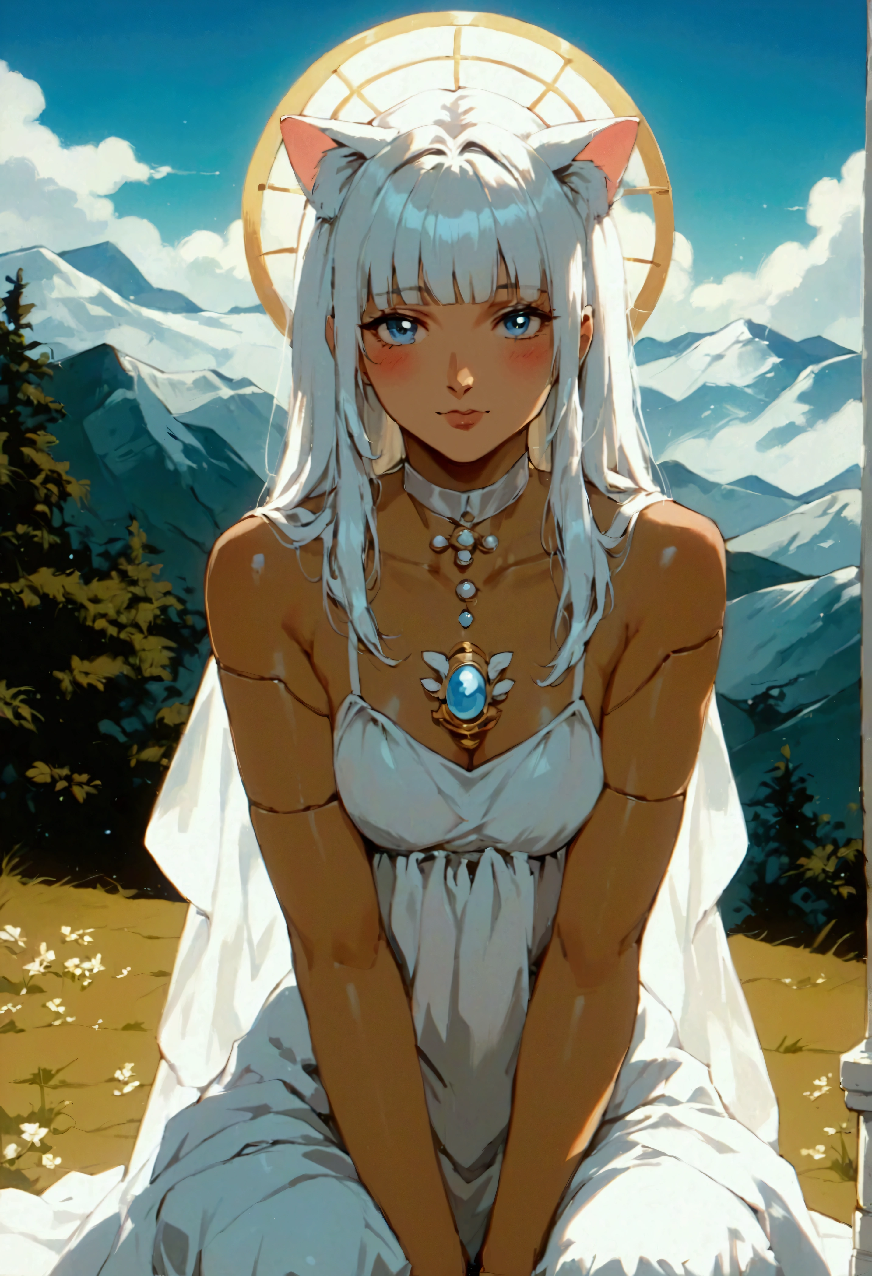 (score_9, score_8_up, score_7_up), zPDXL, 1 girl, alone, looking at viewer, crouching, hands on knees, white cat, mountain background, white hair, blue eyes, full body, long hair, white dress, bright white hair, white halo of light, halo, metallic pendant, blushing cheeks, white cat, mountain with a bit of snow, beautiful girl crouching with a halo of light, retro style, white cape, blunt bangs, white aura,