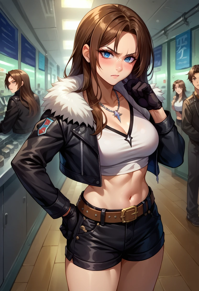 score_9, score_8_up, score_7_up, 1girl, solo, (female:1.5),female focus, female body, squall, necklace, brown hair, long hair, gloves, white crop top, blue eyes, shirt, black gloves, jacket, black jacket, fur trim jacket, black shorts, black thighhighs, belt,breasts, scar, diagonal scar, scar on face, parted bangs, full body, angry, blushing hand to hip, standing, looking at you, facilities