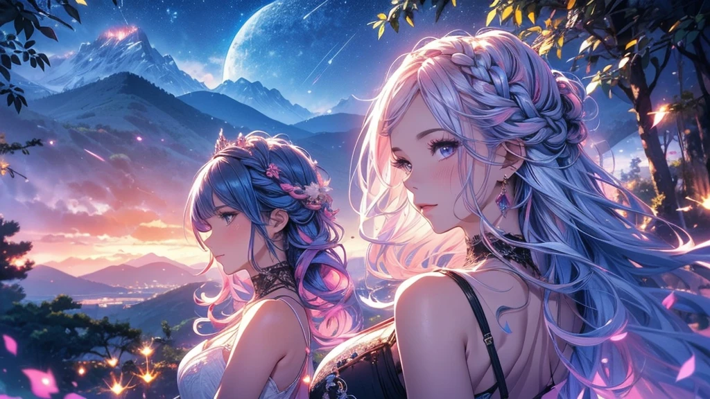 (overhead view), mature woman, 1girl, CG illustration, (masterpiece, best quality, ultra-detailed), sharp focus, detailed face, face focus, extremely detailed eyes, long hair, crown braid, hair over shoulder, sky-blue hair, pink eyes, long eyelashes, (blush, small smile), delicate makeup, big breasts, bare shoulders, cleavage, ((colors of clothing: pink, white, with purple and black ribbons)), ((moon, night, fireflies, blue particles surrounds, mountains in distance, waterfall behind, breeze)), cinematic lighting, rim lightning, ray tracing, shadowing, dynamic angle