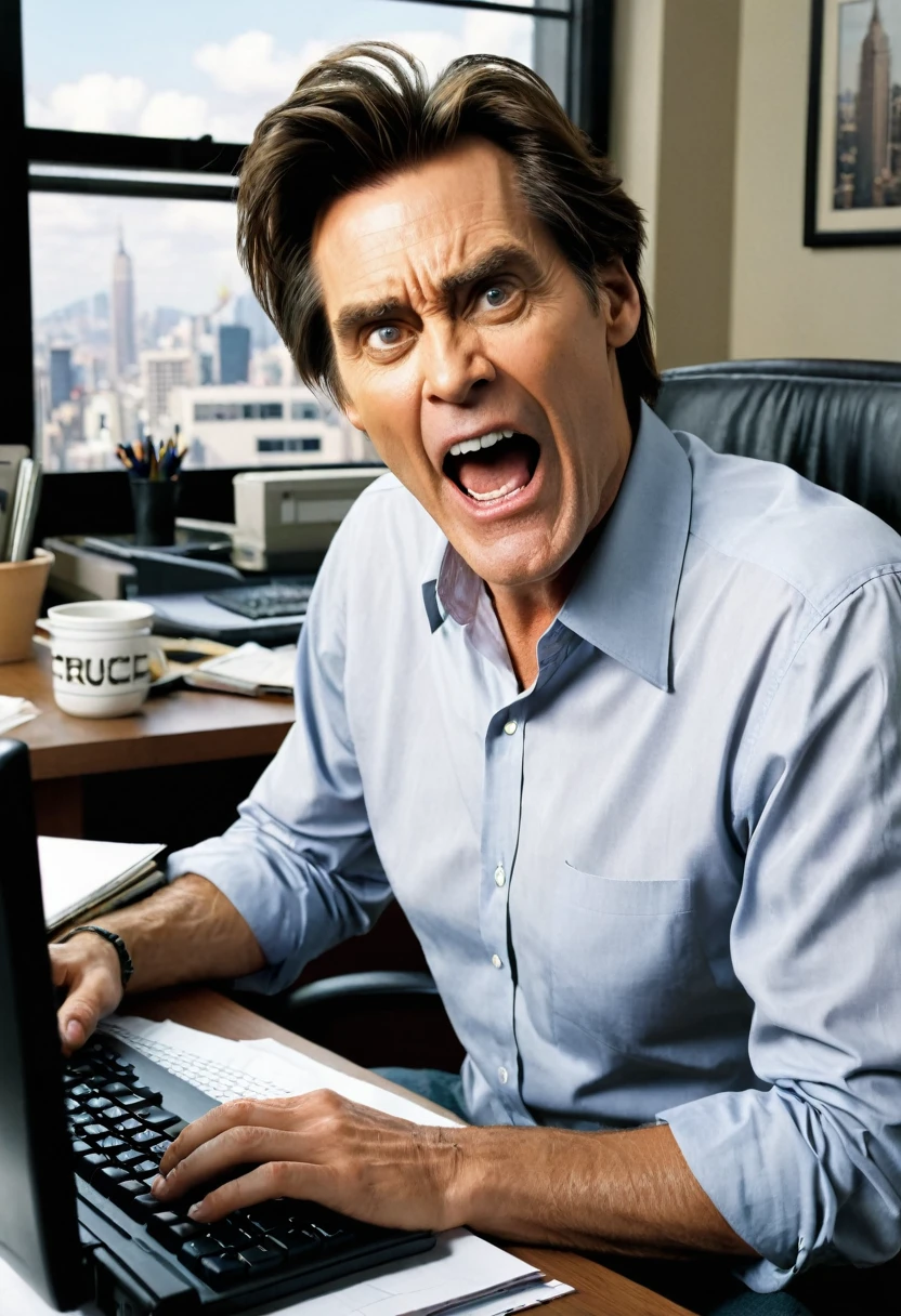 Create an image of a person furiously typing, BREAK, resembling Jim Carrey as Bruce from 'Bruce Almighty.' , BREAK, They should be sitting at a desk in front of a computer, typing furiously with an exaggerated, excited expression, BREAK, The background should feature a cluttered office with stacks of papers and a window showing a cityscape. The scene should be humorous and dynamic, capturing the frantic energy of the original meme