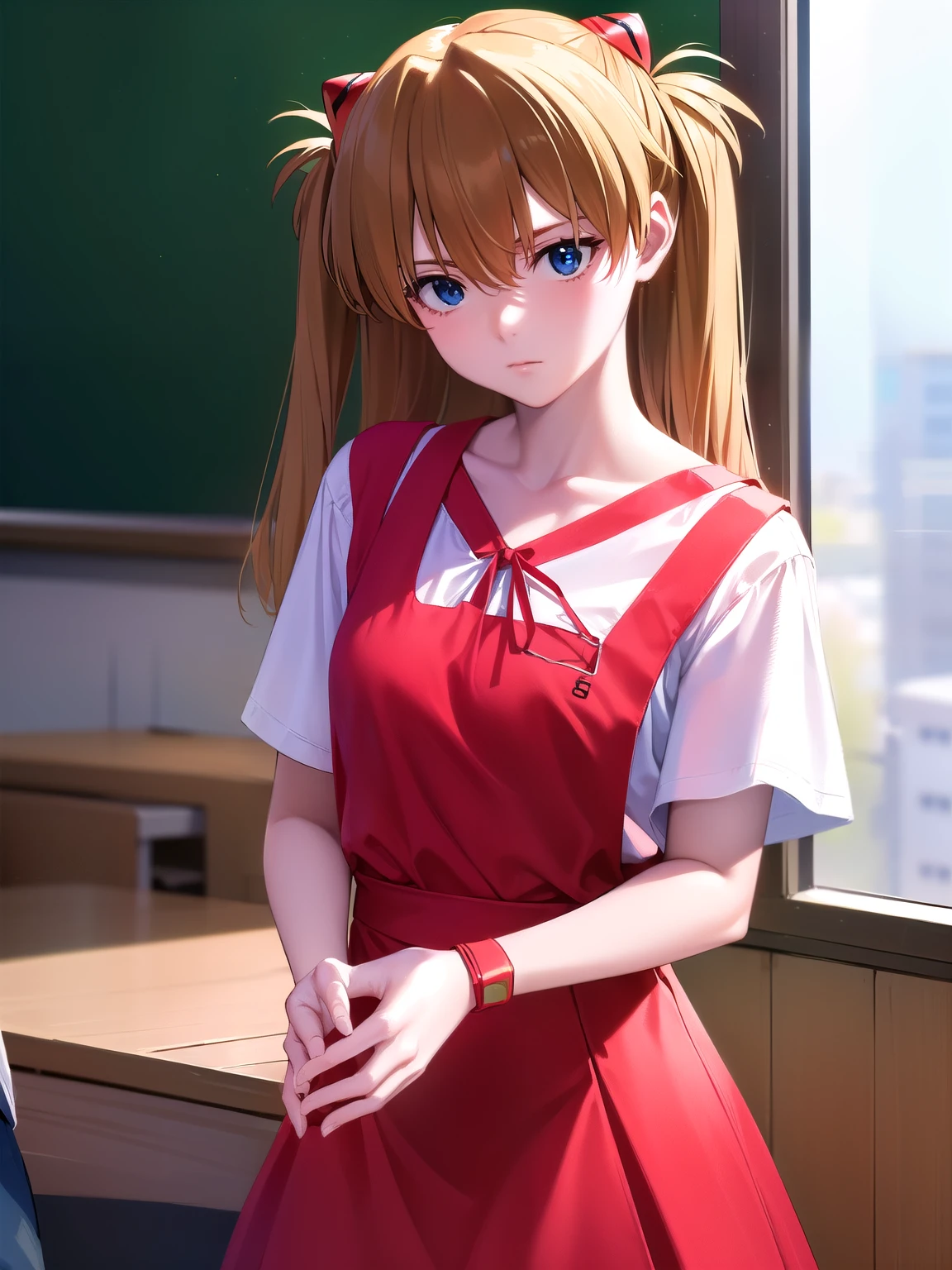 Sugar Angle, Soryu Asuka Langley, (Soryu Asuka Langley:1.5), blue eyes, Hair between the eyes, headgear, Interface Headset, Orange Hair, Both sides up,
break blue dress, clavicle, dress, neck ribbon, pinafore dress, red ribbon, ribbon, , shirt, Short sleeve, Tokyo 3 Middle , suspenders, suspendersスカート, white shirt,
break indoors, classroom,
break looking at viewer, (Cowboy Shot:1.5),
break (masterpiece:1.2), Highest quality, High resolution, unity 8k wallpaper, (figure:0.8), (Beautiful attention to detail:1.6), Highly detailed face, Perfect lighting, Highly detailed CG, (Perfect hands, Perfect Anatomy),
