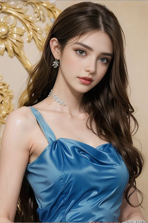 8K, ultra hd, masterpiece, best quality, a beautiful girl, long hair, impressive hairstyle, royal hair jewelry, jewellery earrings, antique jewellery, details eyes, beautiful eyes, meticulous makeup, thin eyebrows, beautiful lips, small breasts, royal dress, blue dress, realistic colors, magic effect, epic scenery, epicness background, perfect body,