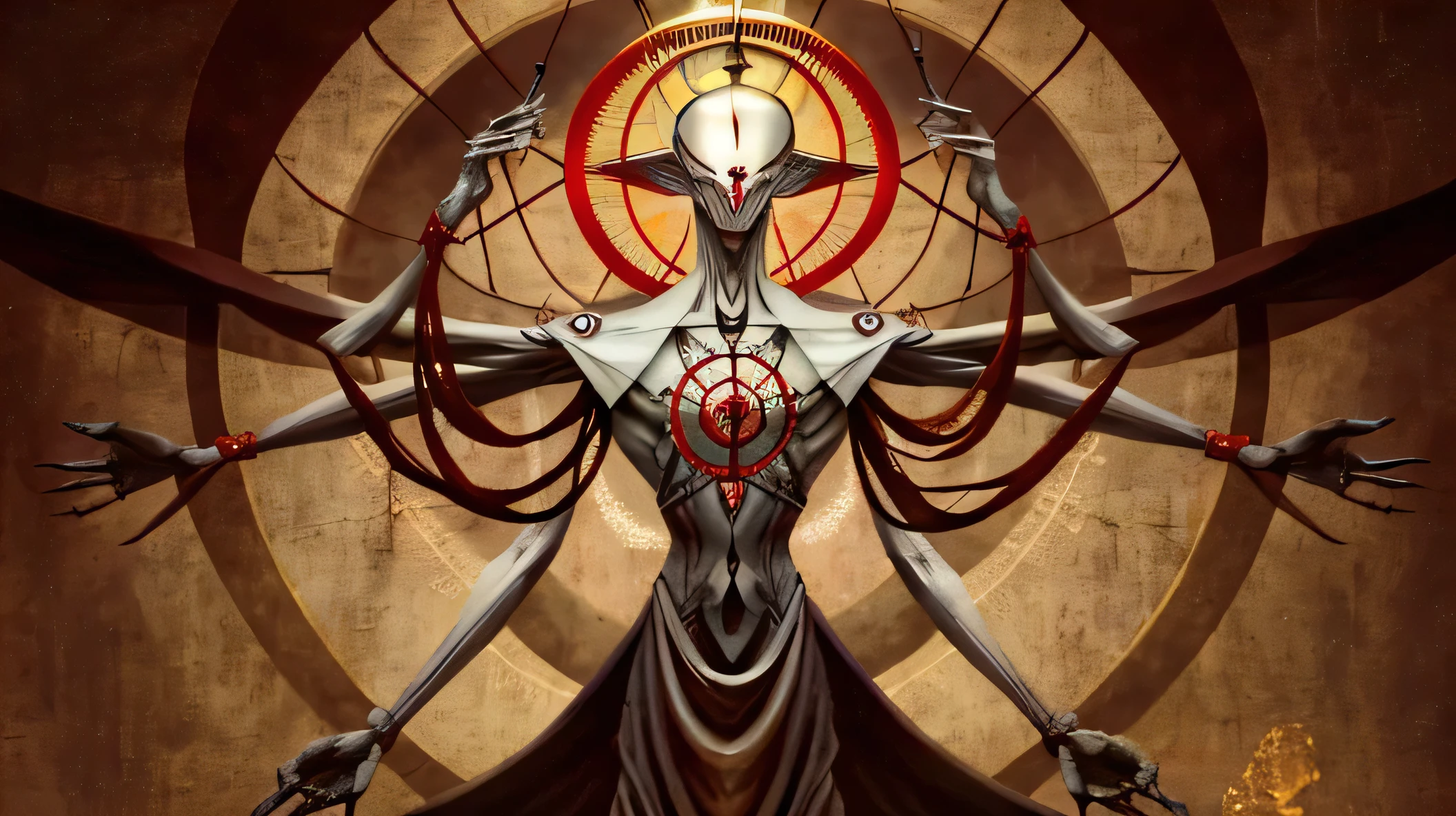 monstrous, Beautiful, Masterpiece, Best quality, perfect lighting, monster smile with crooked fangs, mask covering eyes, vitruvian man, Very skinny, disproportionately long arms, A sinister aura, something, chained, deity, pentagrams, cultist clothing