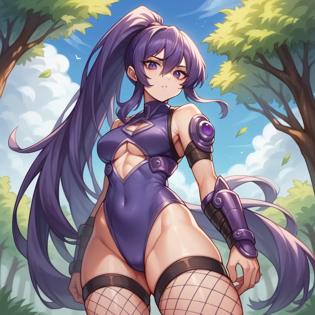 collected, collectedoutfit, very long hair, For the blue, hair between the eyes, High ponytail, side locks, purple eyes, Ninjas, bright clothes, impossible monkey, tight skin, purple monkey, fishnet stockings, under the chest cutout, arm protectors, under the chest, cowboy shot, standing, looking at the viewer, outside, tree, sky, cloud, day