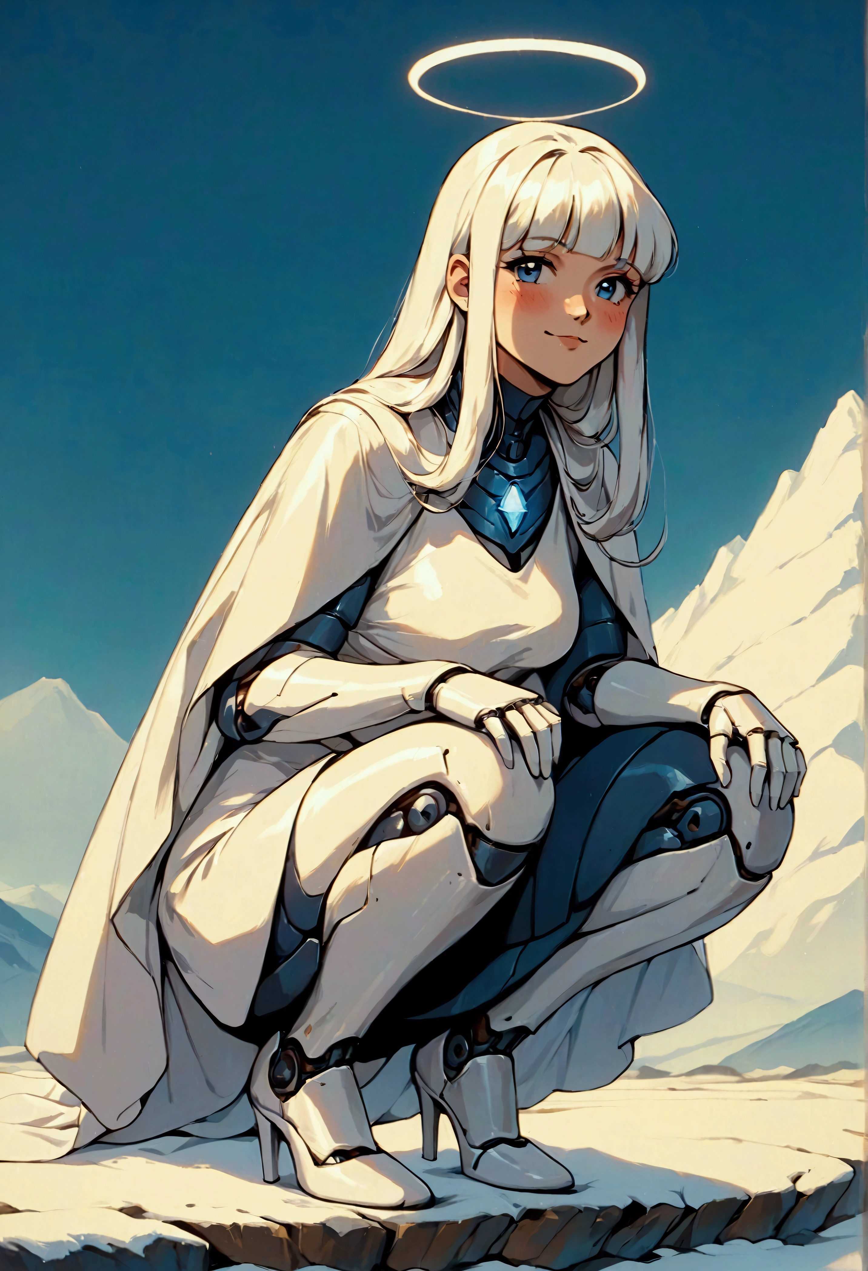 (score_9, score_8_up, score_7_up), zPDXL, 1 girl, alone, looking at viewer, crouching, hands on knees, white cat, mountain background, white hair, blue eyes, full body, long hair, white dress, bright white hair, white halo of light, halo, metallic pendant, blushing cheeks, white cat, mountain with a bit of snow, beautiful girl crouching with a halo of light, retro style, white cape, blunt bangs, white aura,