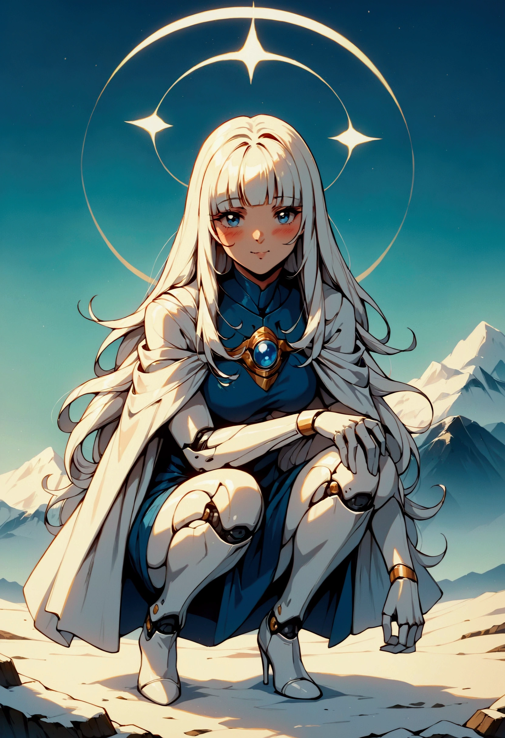 (score_9, score_8_up, score_7_up), zPDXL, 1 girl, alone, looking at viewer, crouching, hands on knees, white cat, mountain background, white hair, blue eyes, full body, long hair, white dress, bright white hair, white halo of light, halo, metallic pendant, blushing cheeks, white cat, mountain with a bit of snow, beautiful girl crouching with a halo of light, retro style, white cape, blunt bangs, white aura,