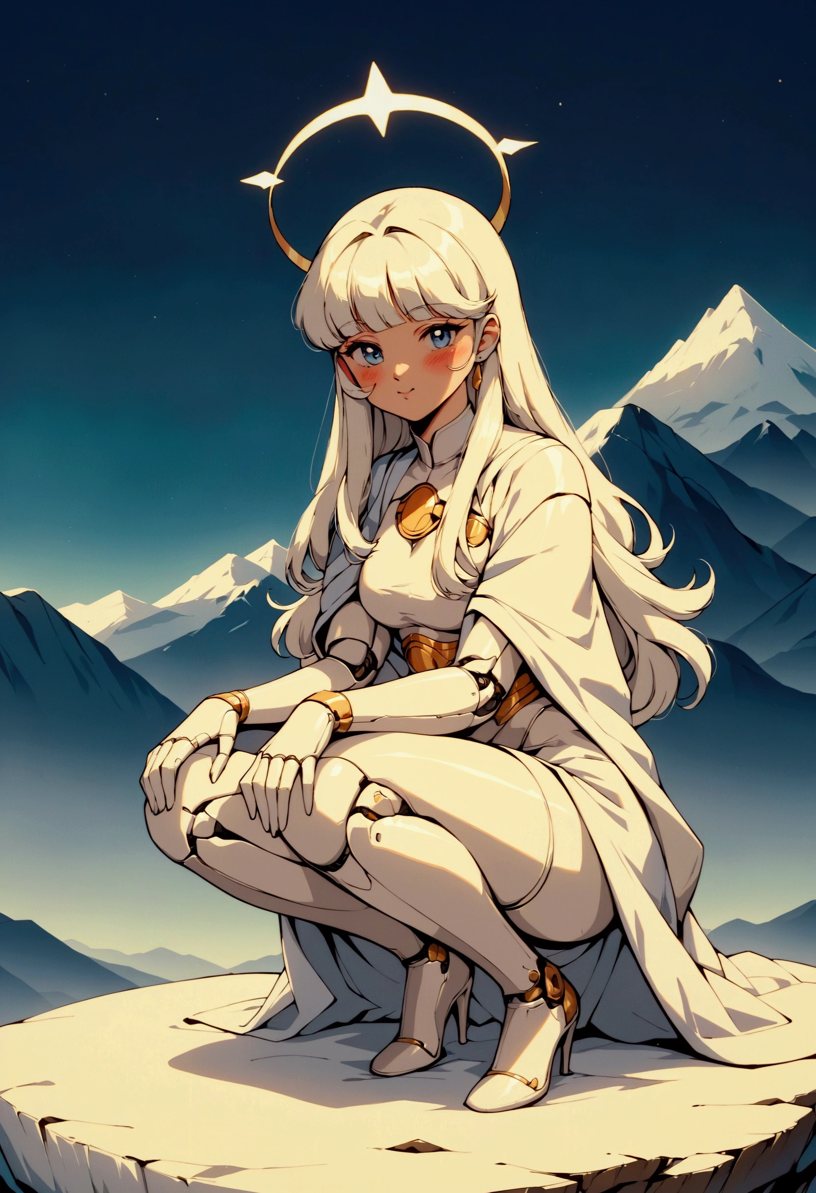 (score_9, score_8_up, score_7_up), zPDXL, 1 girl, alone, looking at viewer, crouching, hands on knees, white cat, mountain background, white hair, blue eyes, full body, long hair, white dress, bright white hair, white halo of light, halo, metallic pendant, blushing cheeks, white cat, mountain with a bit of snow, beautiful girl crouching with a halo of light, retro style, white cape, blunt bangs, white aura,