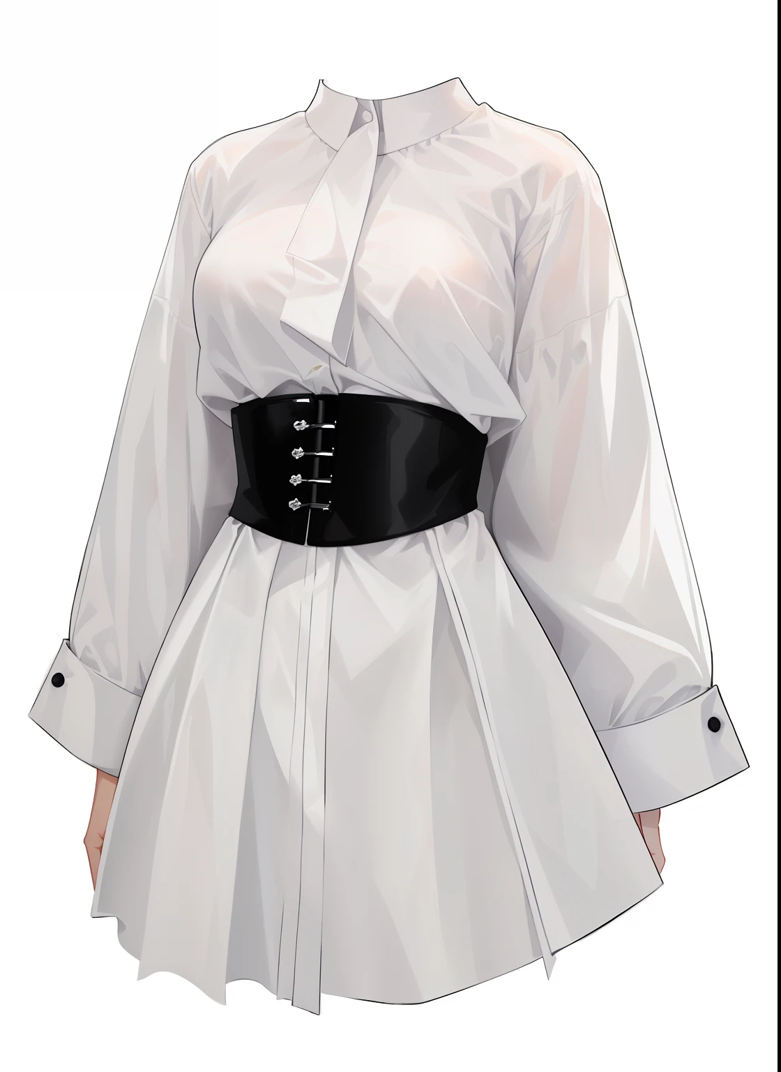 a close up of a white shirt with a black belt, tied - up shirt, white and black clothing, realistic clothing, white blouse and gothic boots, white silky outfit, long shirt, wearing white silk, wearing a blouse, casual white garment, white dress shirt, white tunic, white blouse, white russian clothes, outfit design
