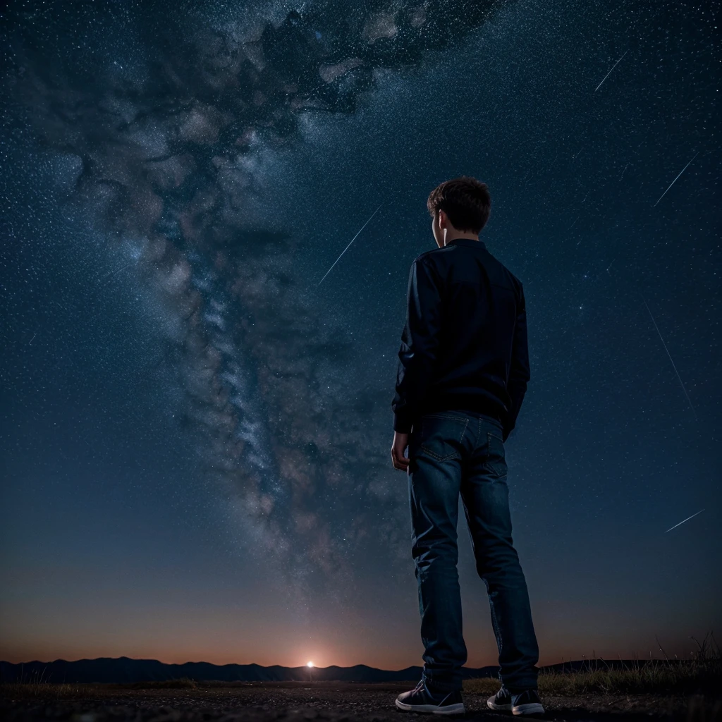 Beautiful night sky without moon only stars , 8k ultra realistic a boy standing alone feels like he's finding the moon  