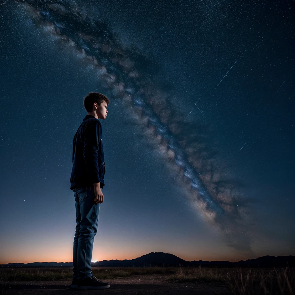 Beautiful night sky without moon only stars , 8k ultra realistic a boy standing alone feels like he's finding the moon  