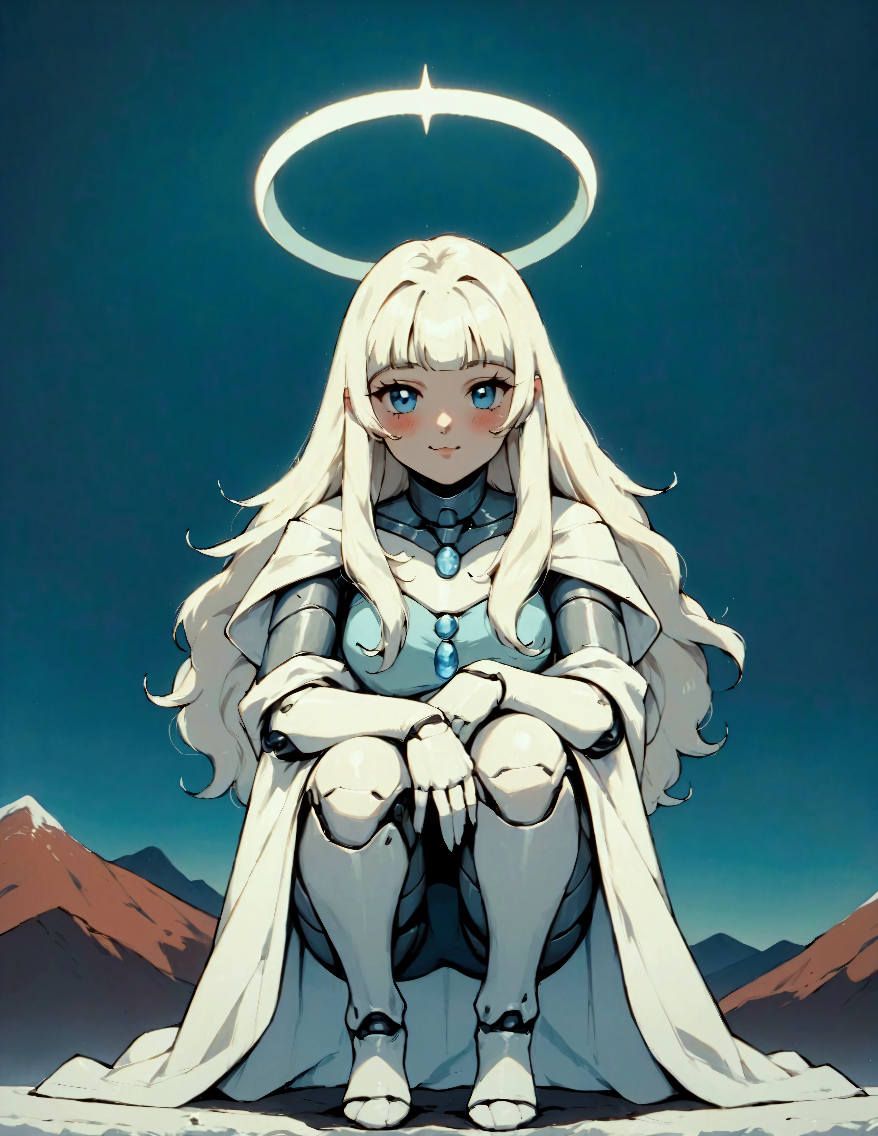 (score_9, score_8_up, score_7_up), zPDXL, 1 girl, alone, looking at viewer, crouching, hands on knees, white cat, mountain background, white hair, blue eyes, full body, long hair, white dress, bright white hair, white halo of light, halo, metallic pendant, blushing cheeks, white cat, mountain with a bit of snow, beautiful girl crouching with a halo of light, retro style, white cape, blunt bangs, white aura,