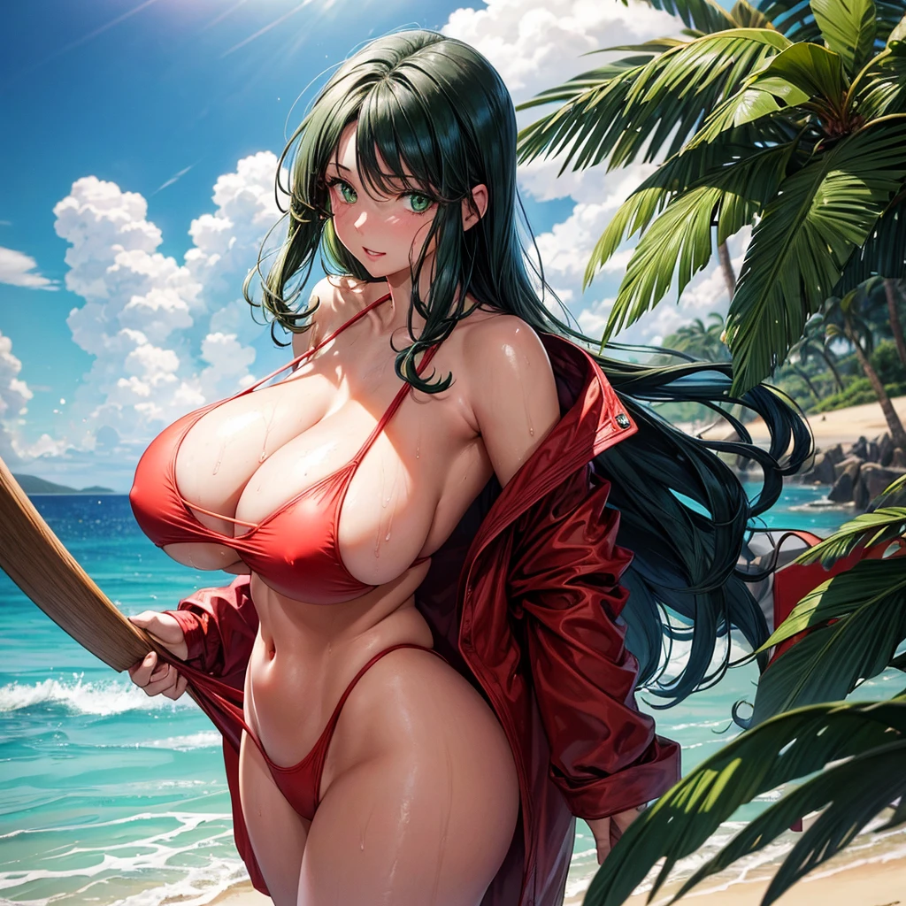 Beautiful 28 year old girl, round face with green eyes, Her tits are very big, G cup size 56, her butt is very very very big, She is wearing a light red swimsuit and she is very very wet., and she is looking at the camera with a provocative face while standing on the beach.