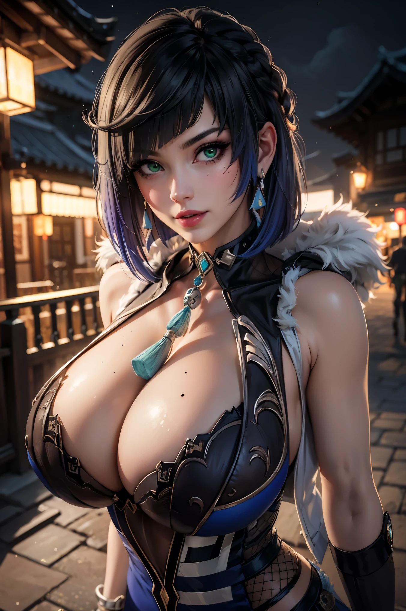 1girl, solo, bare shoulders, night sky, building, cloud, cowboy shot, earrings, east asian architecture, (hyper breasts:1.4), (gigantic breast:1.3), erect nipple, pufffy nipple, covered nipple, looking at viewer, outdoors, (night:1.2),(outdoors), (very detailed background), YelanV4, short hair, (blunt cut:1.2), gloves, dress, cleavage, jewelry, green eyes, jacket, earrings, fur trim, blue dress, white jacket, tassel, pelvic curtain, mole on breast, jacket on shoulders, vision (genshin impact), purple lips, dice、 BREAK (realistic:1.4), portrait, (masterpiece), (specular lighting:1.3), (hyperrealistic:1.2), (photorealistic face:1.2), (perfect face), (perfect eyes), (best quality), (8k), (4k), sharp focus, octane render, best quality, extremely detailed, intricate, fantasy, soft lighting, (gigantic hanging breasts), (skindentation:1.3), (chubby:1.2), (voluptuous:1.2), thick eyelashes, long eyelashes, smile, blush, oil