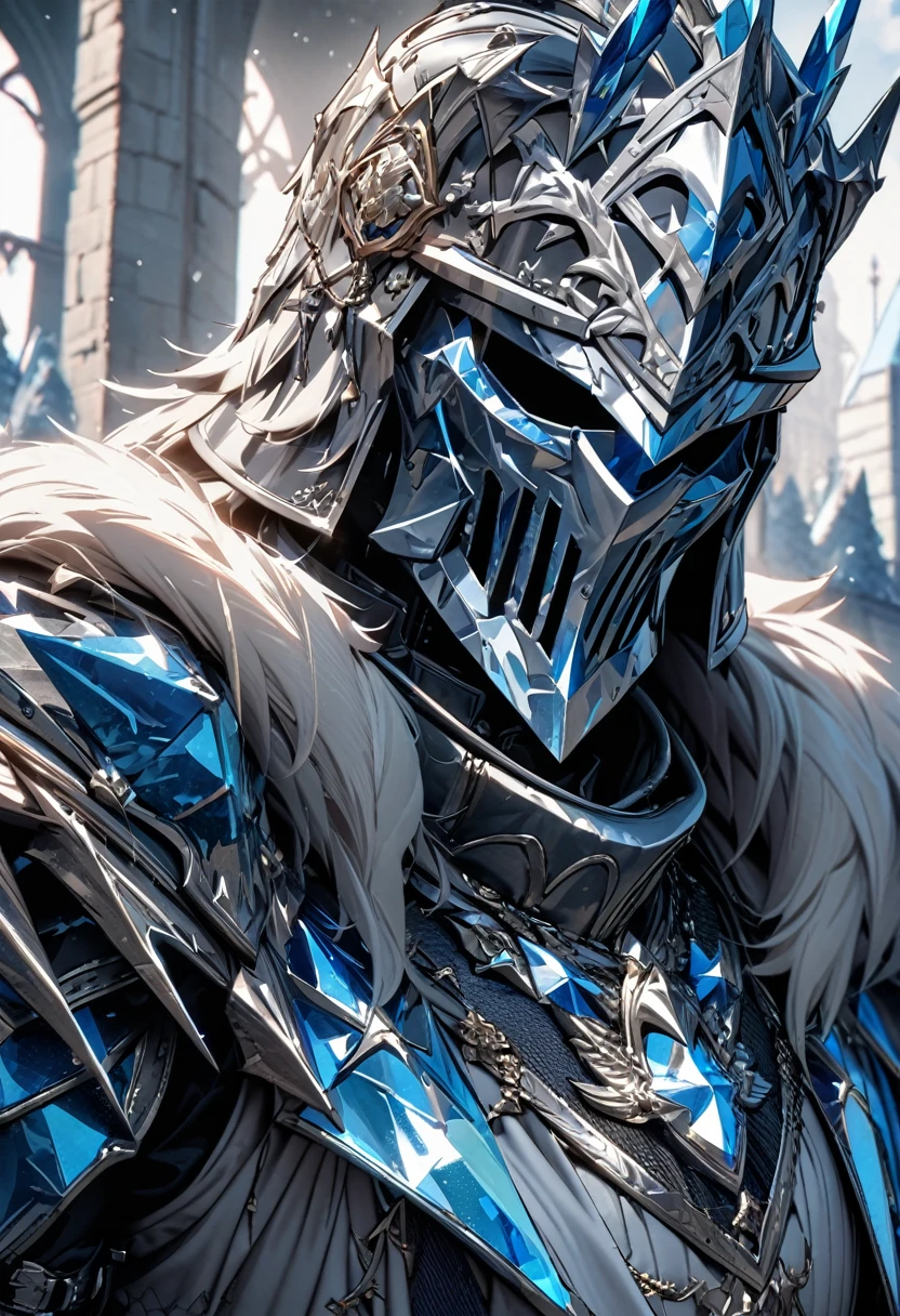 masterpiece, 8k, best quality, highly detailed, a human male wearing a ice crystal themed medieval style knight helmet