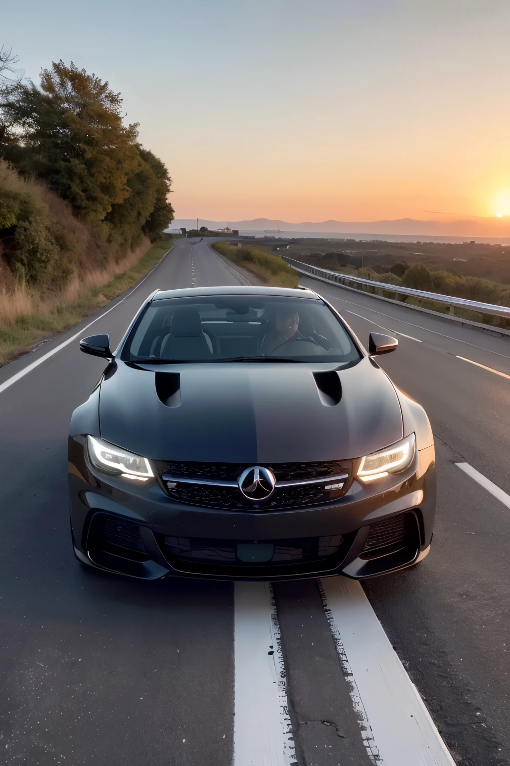 (Sunset, Road, Autonegro: 1.3)
(Masterpiece, Best Quality, Ultra-detailed, Finely detailed, High resolution in 8K, Photorealistic: 1.4)
(Wallpaper, Perfect whole body configuration: 1.5)
(The setting sun, casting a warm glow, bathing the road in soft hues, a black car, autonegro, driving by, its tinted windows reflecting the vibrant colors of the sunset)
(Extremely detailed 8K, the car's sleek design, the road stretching out ahead, the distant cityscape silhouetted against the