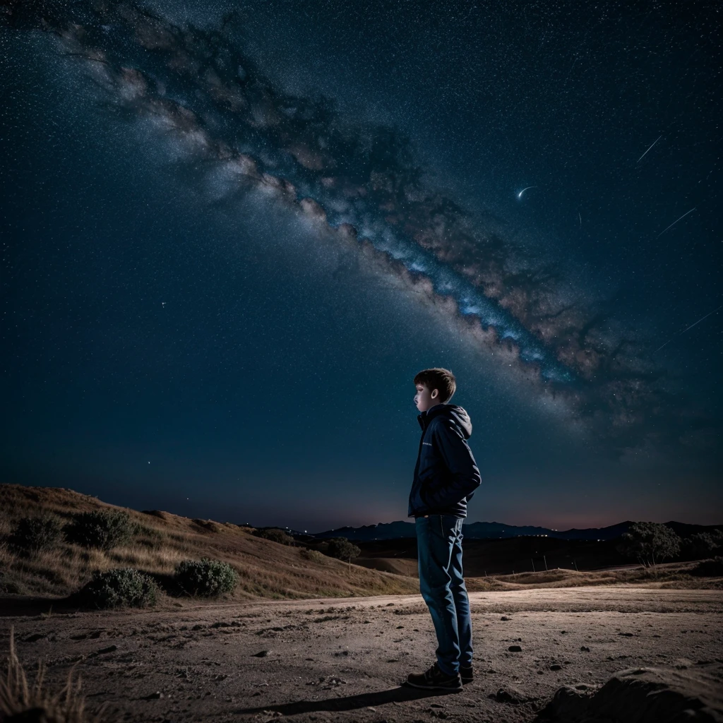 Beautiful night sky without moon only stars , 8k ultra realistic a boy standing alone feels like he's finding the moon  