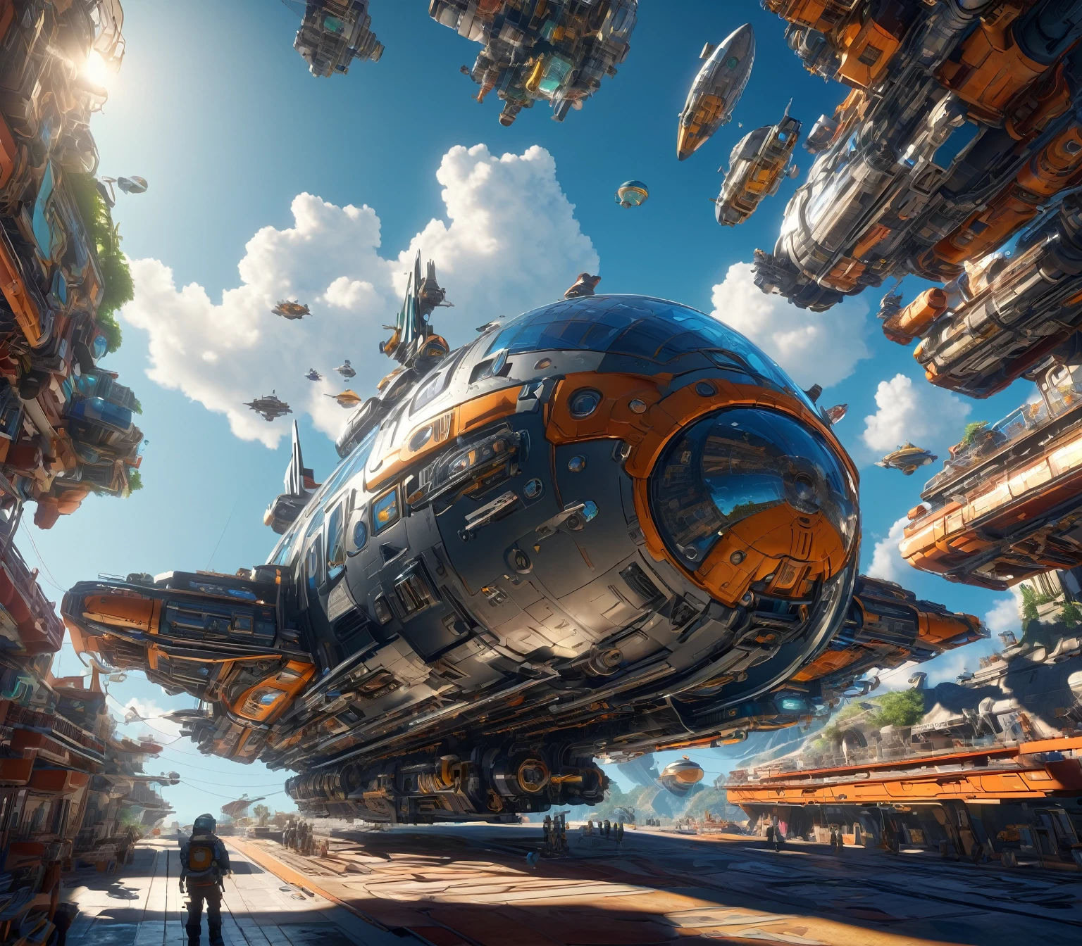 Masterpiece, best quality, (highly detailed CG unity 8k wallpaper), (best quality), (best illustration), (best shadows), isometric 3D , octane rendering, ray tracing, highly detailed, Low Angle Shot to spaceship
