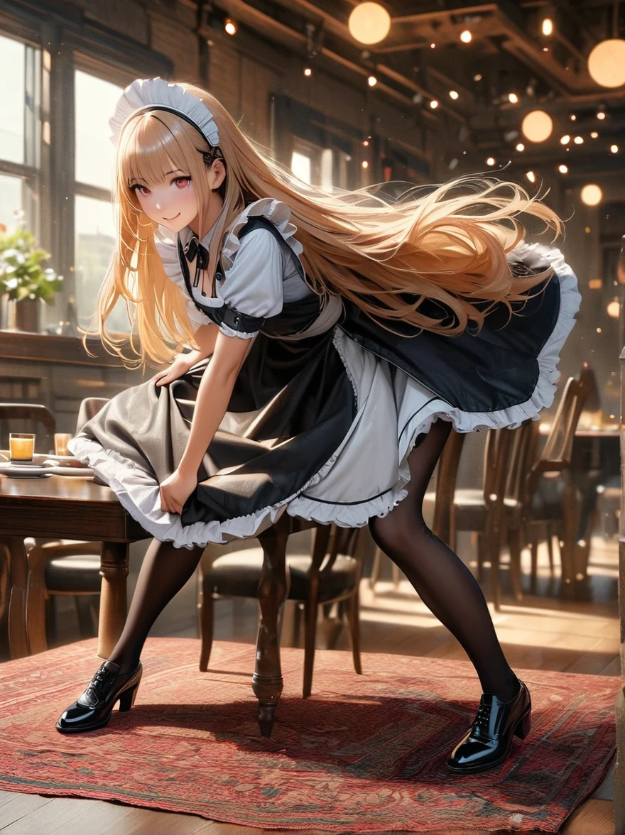 (masterpiece，Highest quality), (Absurd:1.3), (Photographic realism:1.4), Beautiful European girls RAW photos, (Super detailed, Ultra-realistic, 8k, Ultra-high resolution), (Dynamic pose:1.2), blonde, Long Hair, (Skin with attention to detail, Detailed skin texture:1.1), Break 1 Girl, Young girl, Detail Eyes, Detailed aspect, (Cute maid costume:1.6), (Black Stockings:1.3)，(Wearing black leather shoes:1.5)，Frills, room, Dining table, table cloth, (Dinner is ready:1.2), Captured by a professional photographer，Bokeh，Sharp focus，Depth of written boundary，Are standing，smile，whole body，vision