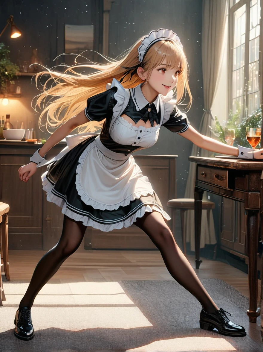 (masterpiece，Highest quality), (Absurd:1.3), (Photographic realism:1.4), Beautiful European girls RAW photos, (Super detailed, Ultra-realistic, 8k, Ultra-high resolution), (Dynamic pose:1.2), blonde, Long Hair, (Skin with attention to detail, Detailed skin texture:1.1), Break 1 Girl, Young girl, Detail Eyes, Detailed aspect, (Cute maid costume:1.6), (Black Stockings:1.3)，(Wearing black leather shoes:1.5)，Frills, room, Dining table, table cloth, (Dinner is ready:1.2), Captured by a professional photographer，Bokeh，Sharp focus，Depth of written boundary，Are standing，smile，whole body，vision