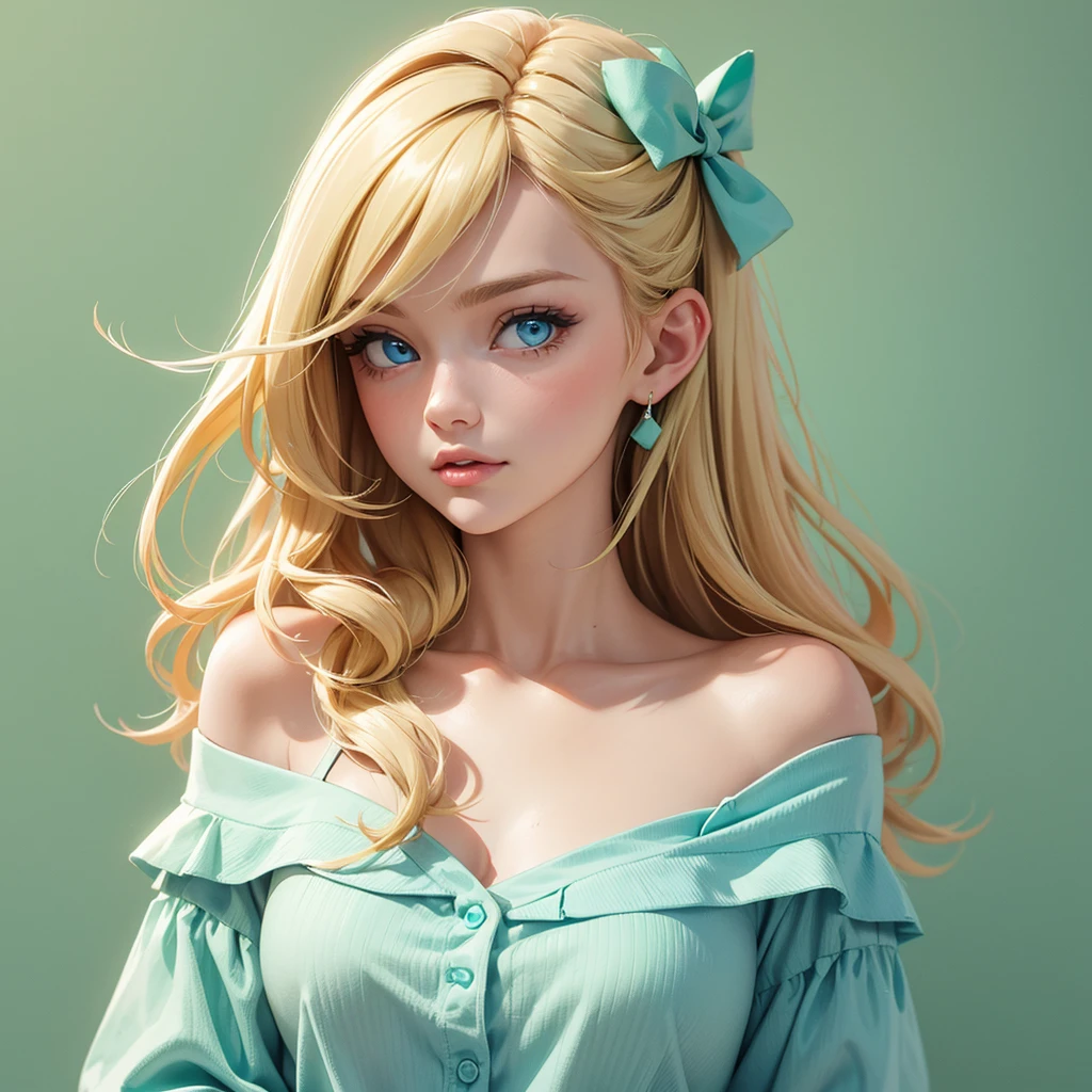 Close-up, blonde-haired woman with blue eyes, dressed with a Mint green off-the-shoulder shirt