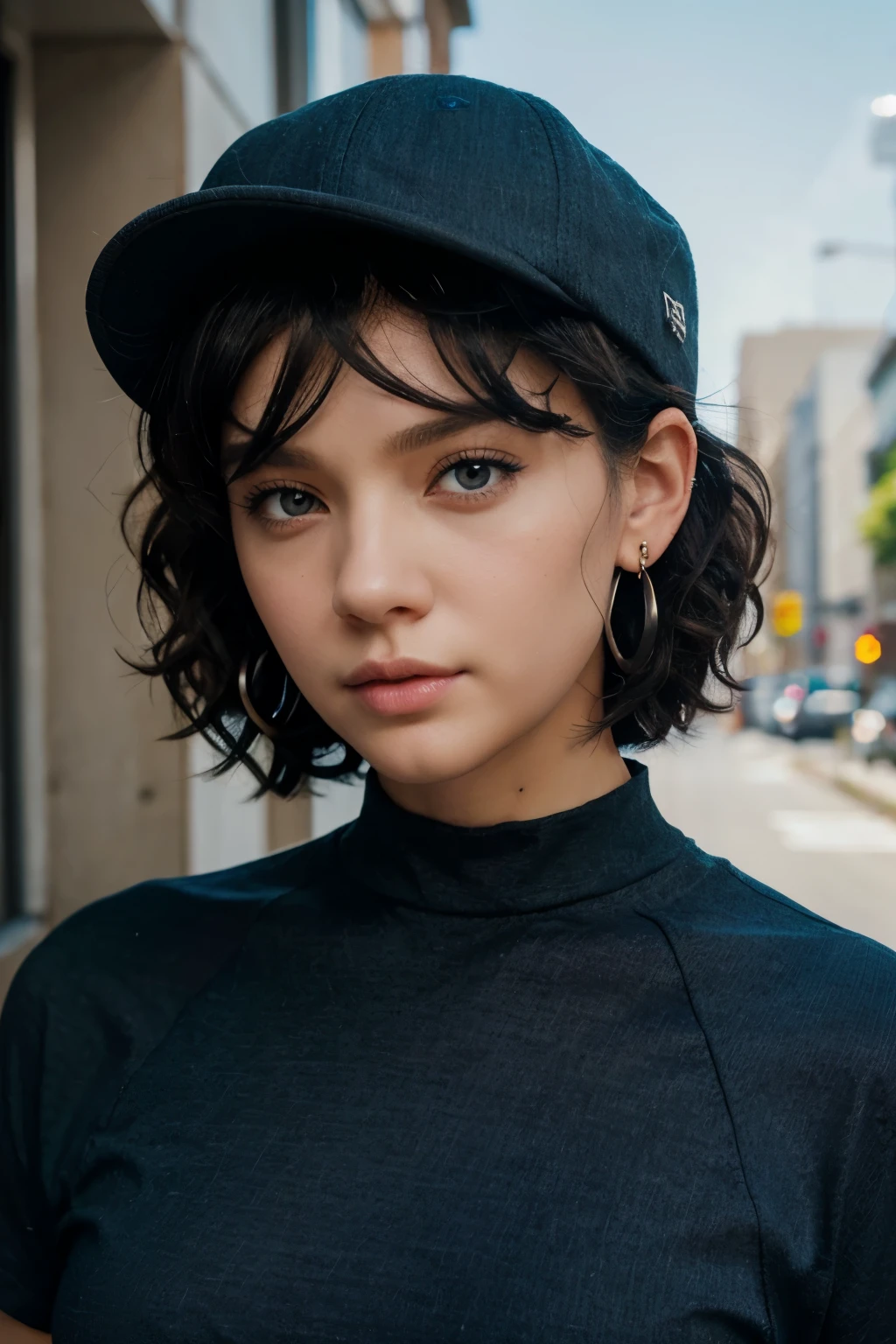 white people, black short hair, Slightly curly hair, gray eyes, serious face, blue shirt, black pants, hat, perfect face, Like an anime, earring in left ear, Highlights, bright colors