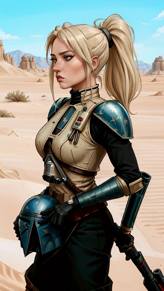 realistic 8k image by accamary4, Almost white blonde hair , hairstyle in a tight ponytail, dressed in Boba Fett armor, standing in the middle of the desert with a sniper rifle, hyper-detailed face, Profile picture, focus on his face, looking to the side, face that has lived through many battles, Expression of focus, realistic star wars art style, She is a Mandalorian with a lot of experience, His experience is reflected in his armor, his helmet is lying on the ground