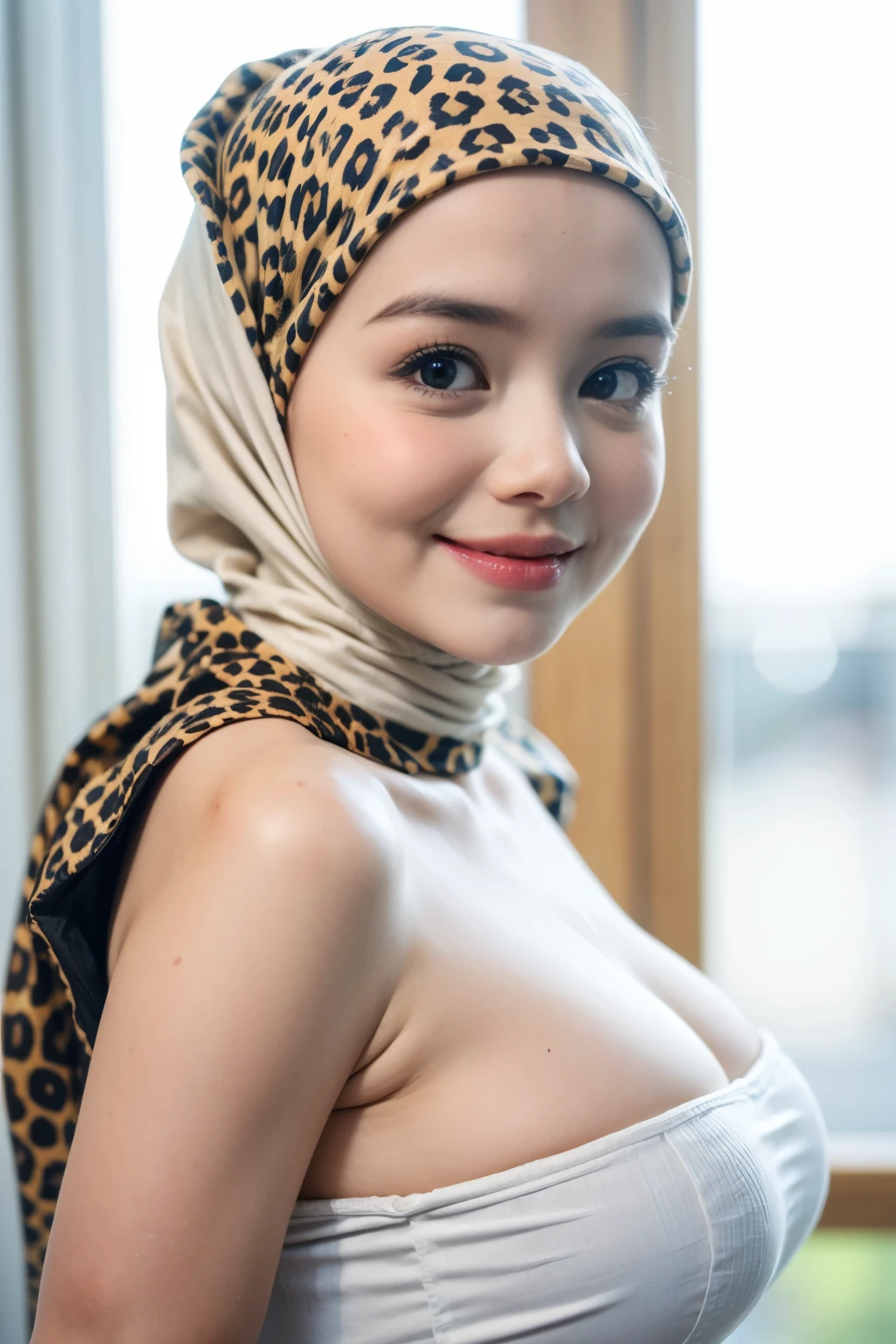 (Undress Strapless dress), Chubby adorable, 1 girl, (face to face), s old, baby face, happy, half body portrait, (face details: 1), (eye details: 1), ((big breasts)). wearing transparent transparency soft soft long shirt, hijab, .. Cute posed. proportional body. Ultra High Res. realistic: 1.4, UHD, view from side seductive pose , ((leopard pattern))