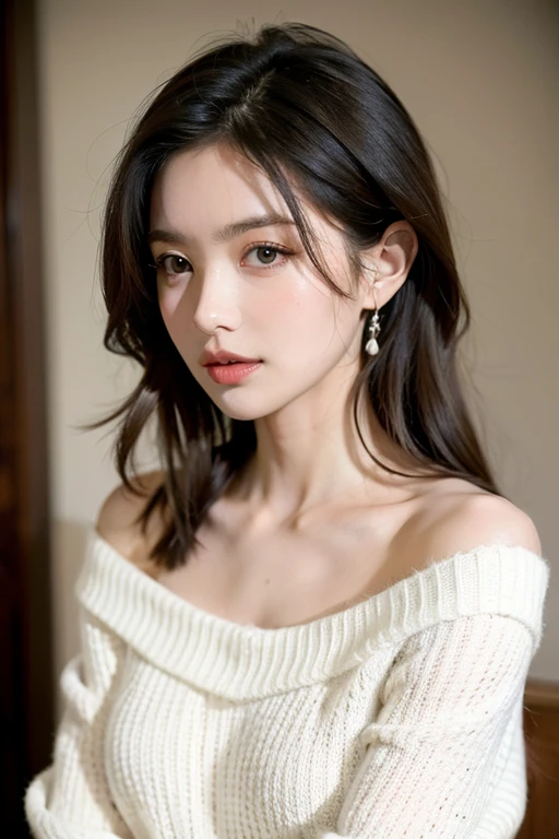 ((best quality)), ((masterpiece)), (detailed), 1 woman, off shoulder sweater, 