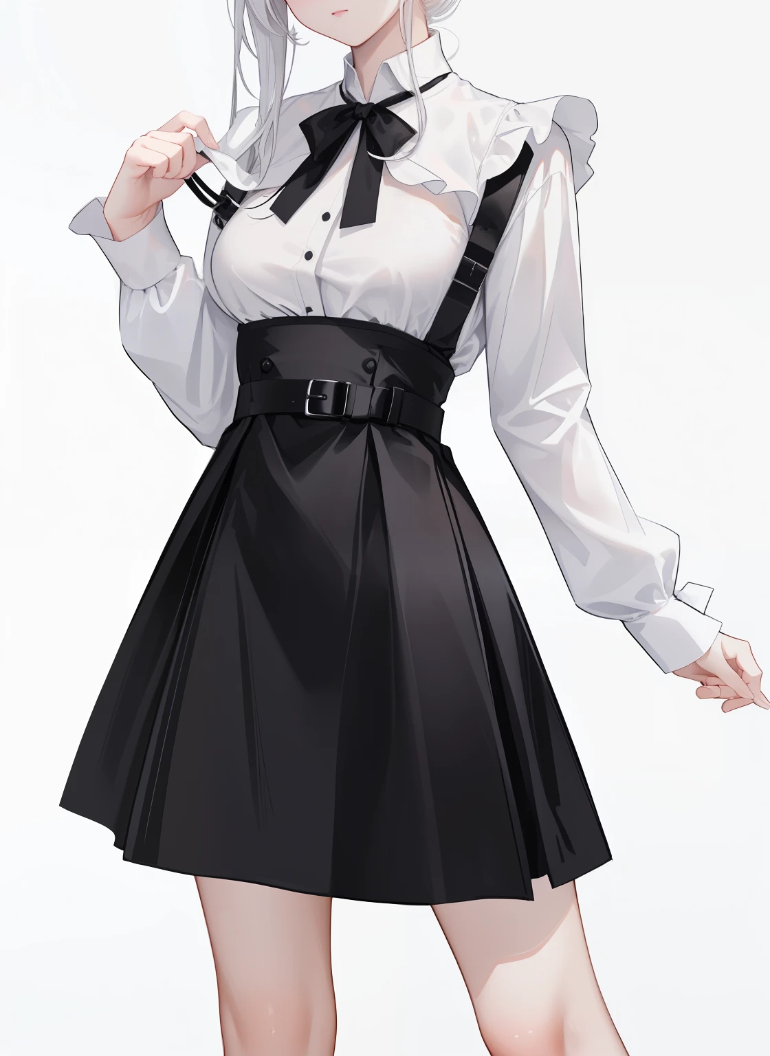 a close up of a white shirt with a black belt, tied - up shirt, white and black clothing, realistic clothing, white blouse and gothic boots, white silky outfit, long shirt, wearing white silk, wearing a blouse, casual white garment, white dress shirt, white tunic, white blouse, white russian clothes, outfit design