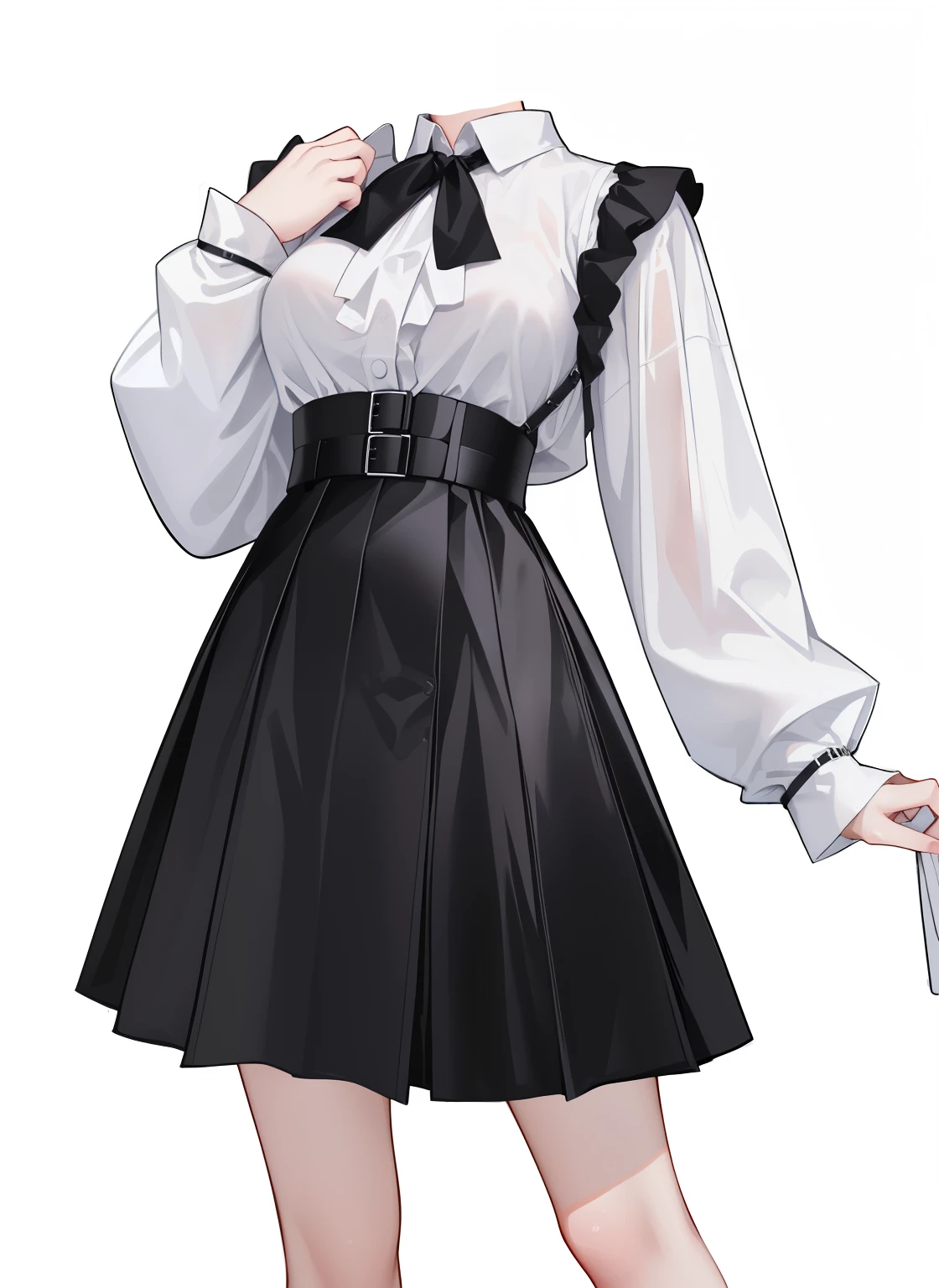 a close up of a white shirt with a black belt, tied - up shirt, white and black clothing, realistic clothing, white blouse and gothic boots, white silky outfit, long shirt, wearing white silk, wearing a blouse, casual white garment, white dress shirt, white tunic, white blouse, white russian clothes, outfit design