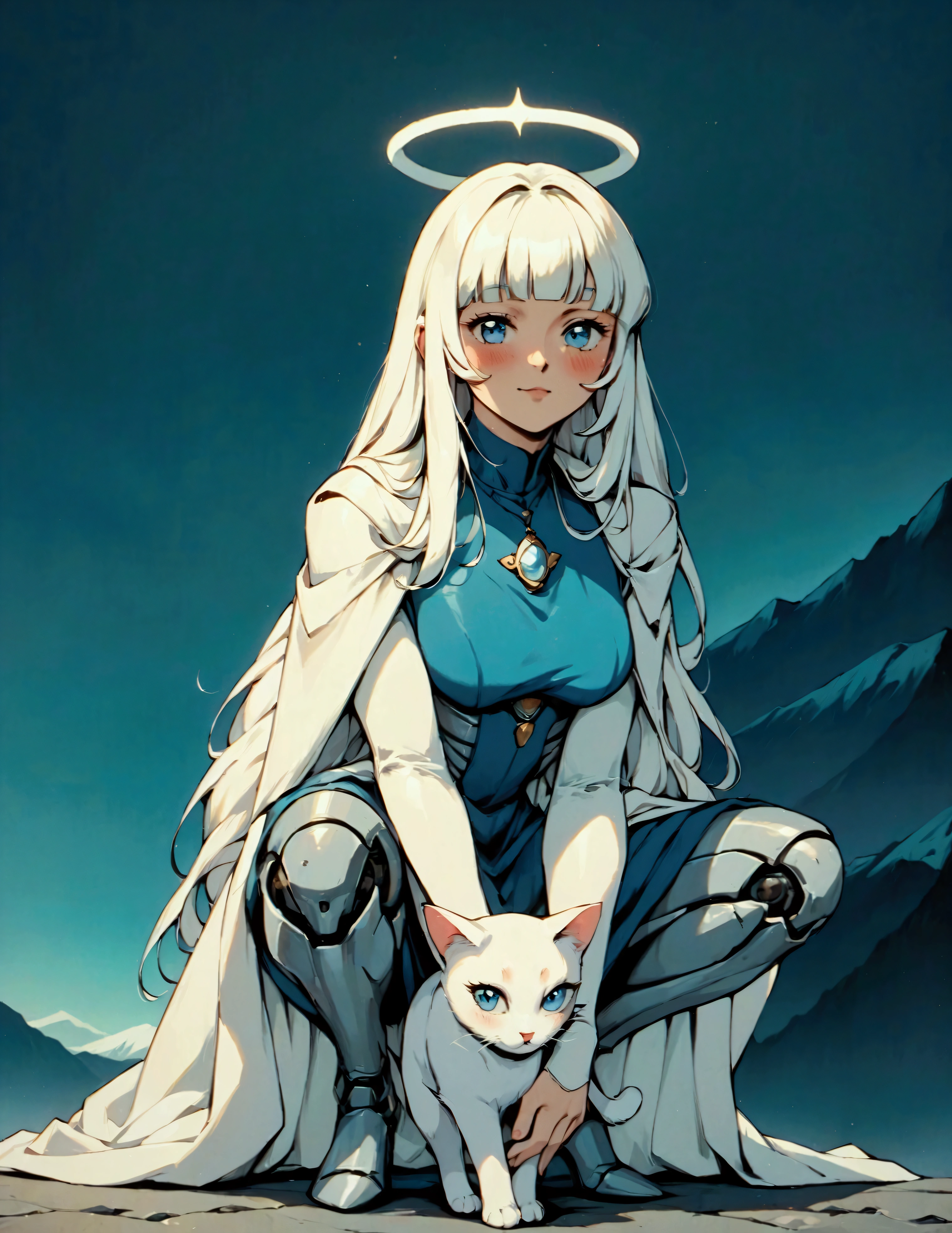 (score_9, score_8_up, score_7_up), zPDXL, 1 girl, alone, looking at viewer, crouching, hands on knees, white cat, mountain background, white hair, blue eyes, full body, long hair, white dress, bright white hair, white halo of light, halo, metallic pendant, blushing cheeks, white cat, mountain with a bit of snow, beautiful girl crouching with a halo of light, retro style, white cape, blunt bangs, white aura,