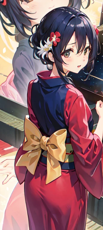 One girl, a distant girl kiss girl in a kimono gazing at the performer, (zoom: 1.1), (meteor群: 1.2), (comet: 1.1), yourname, Low - Angle, From behind, Aurora, meteor, yukata, Red kimono, cherry blossoms, Standing in the field, Highest quality, masterpiece, cloud, colorful, Starry sky, performer,